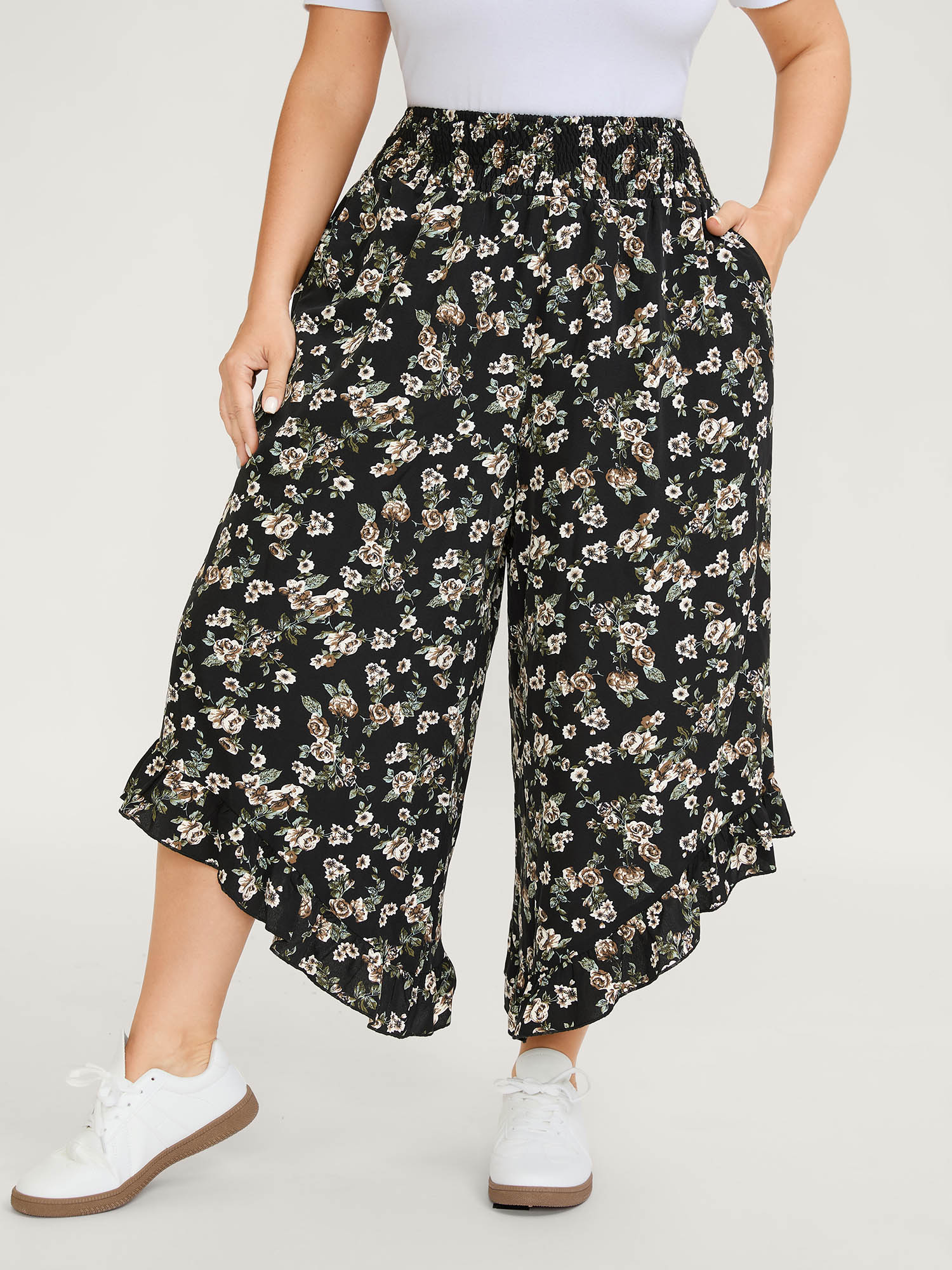 BloomChic Women's Plus Size Floral Print Asymmetrical Ruffled Hem Pants BlackFlower Ditsy Floral Wide leg Mid Rise 12/L