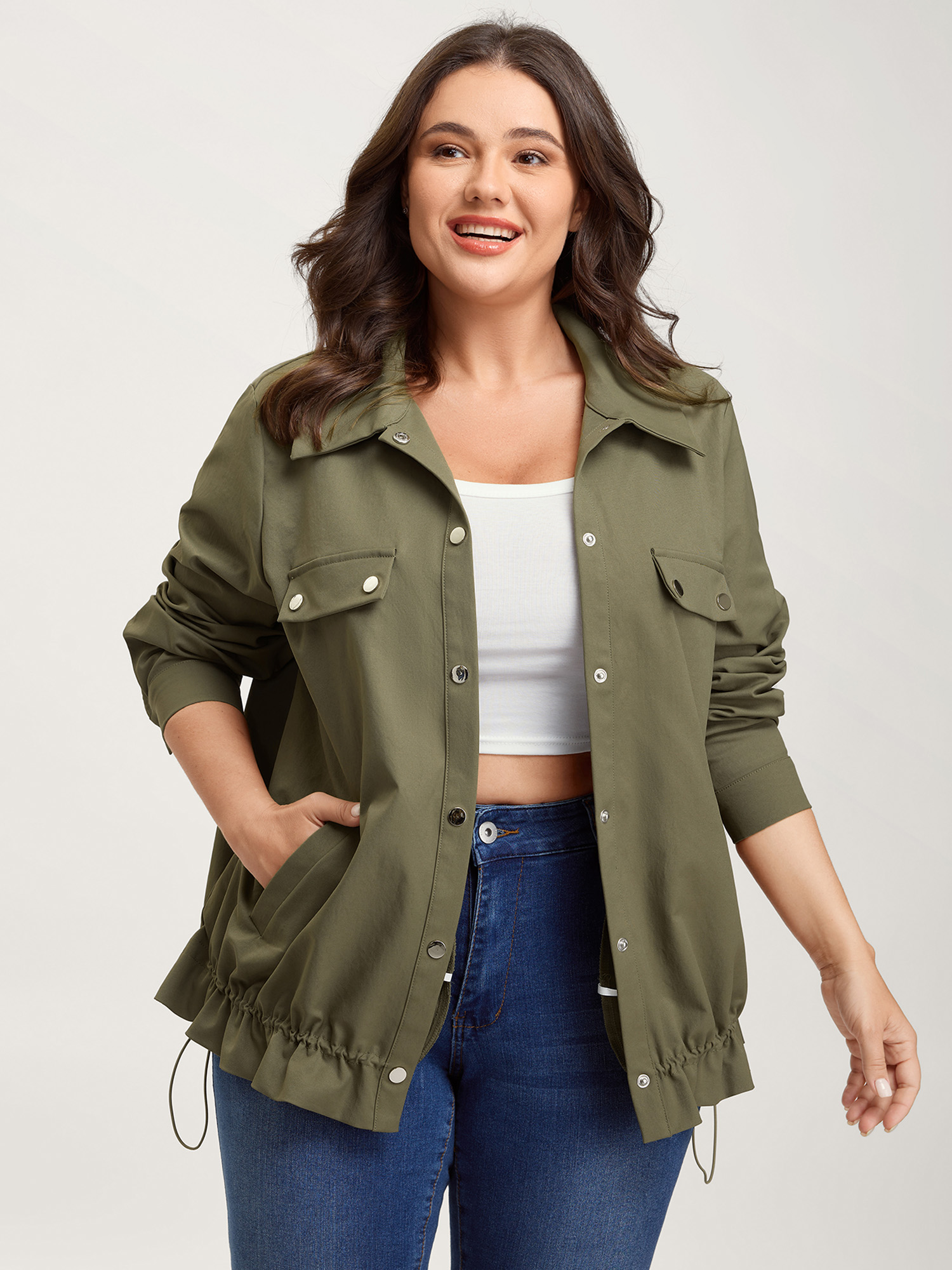 BloomChic Women's Plus Size Elastic Adjustable Hem Pockets Jacket Sage Drawstring O-line 10/M