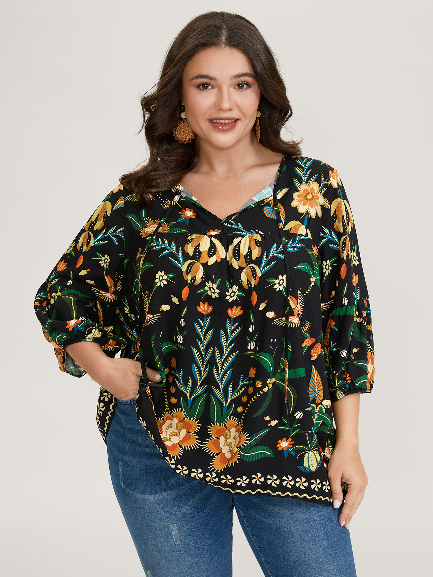 BloomChic Women's Plus Size Rayon Boho Floral Neck Tie Blouse Black Vacation 3/4 Sleeve 10/M