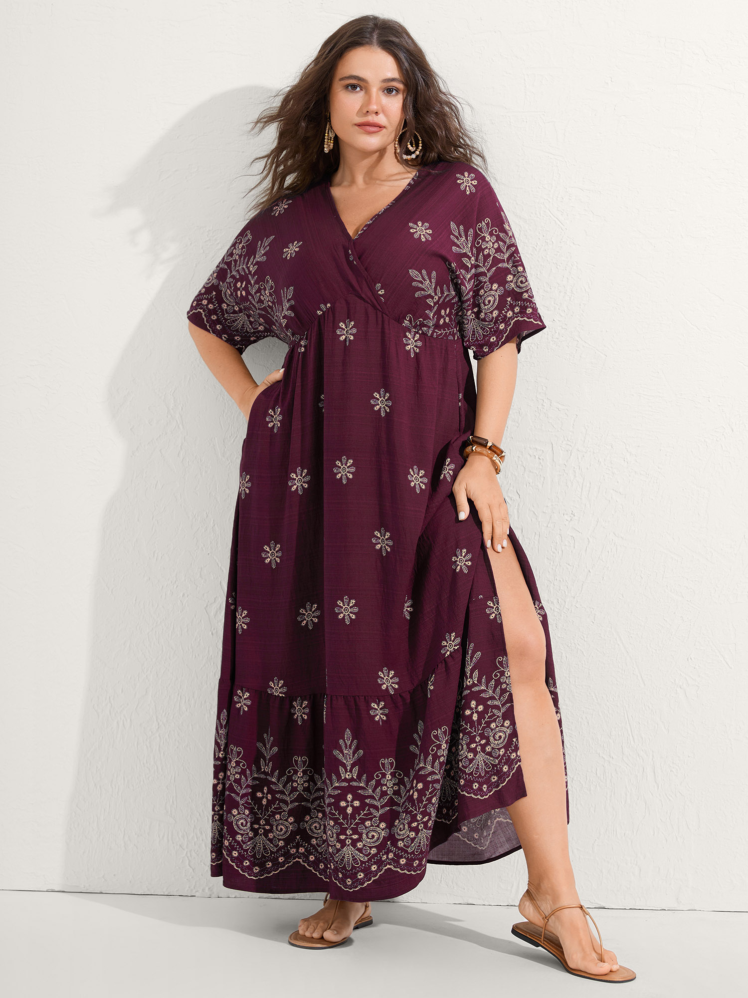 BloomChic Plus Size Surplice Neck Split Side Pockets Maxi Dress - Curve Ladies Deeppurplered Boho Half Sleeve Paisley Side seam pocket Daily Dresses 16/L