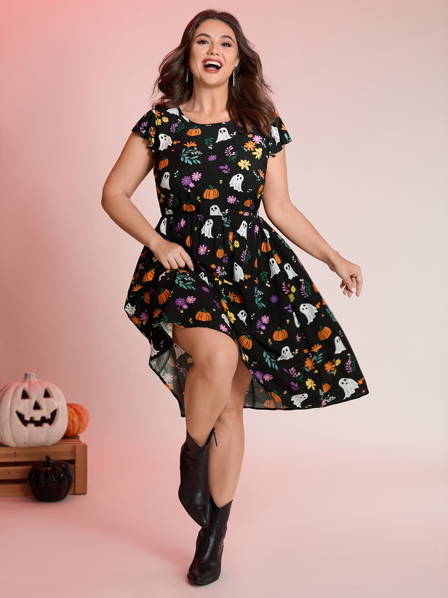 BloomChic Women's Plus Size Ghost Party Rayon Pockets Mini Dress Black Halloween Midi Everyday-Casual Non 10/M