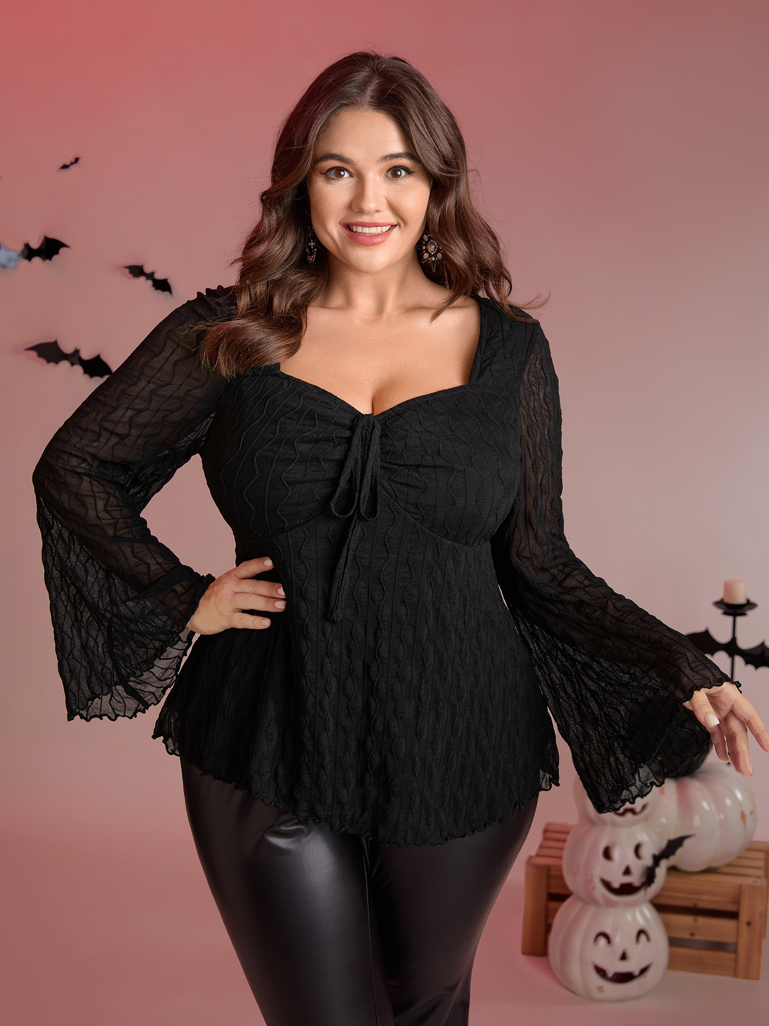 BloomChic Plus Size Textured Sweetheart Cinched Neck Knit Top - Women's Black Solid Sweetheart Neck Comfort Midsection Fit Long Sleeve Elegant Knit Tops 14/M