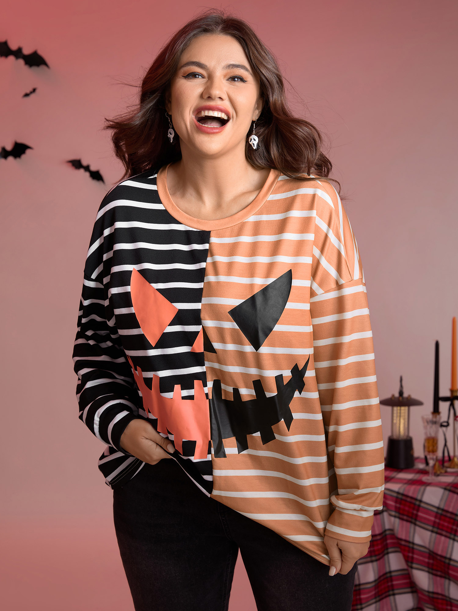 BloomChic Women's Plus Size Pumpkin Contrast Stripes Full Sleeve Sweatshirt Multicolor Graphic-Halloween Everyday-Casual 12/L