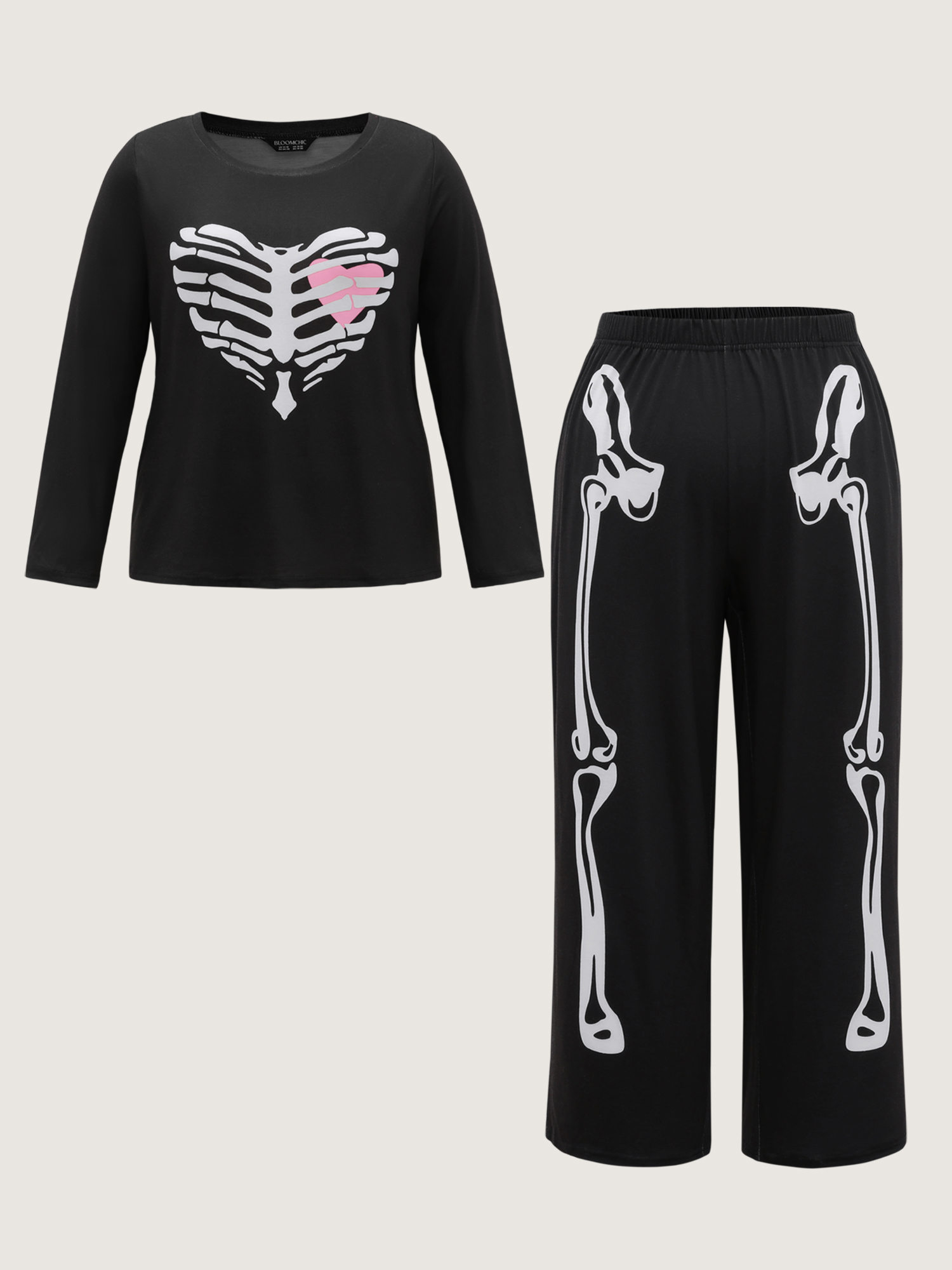 Side view of BloomChic Women's Plus Size Hearty Skull Print Loungewear Set Black Non Long Sleeve Non 14-16/1X