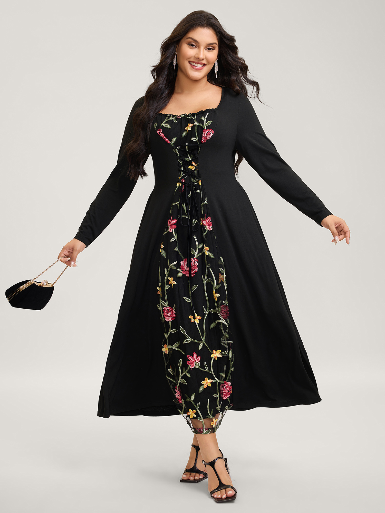 BloomChic Women's Plus Size Floral Waist-Tie Contrast Maxi Dress Black Party Colorblock Square Neck 14-16/1X-image-47333098848426