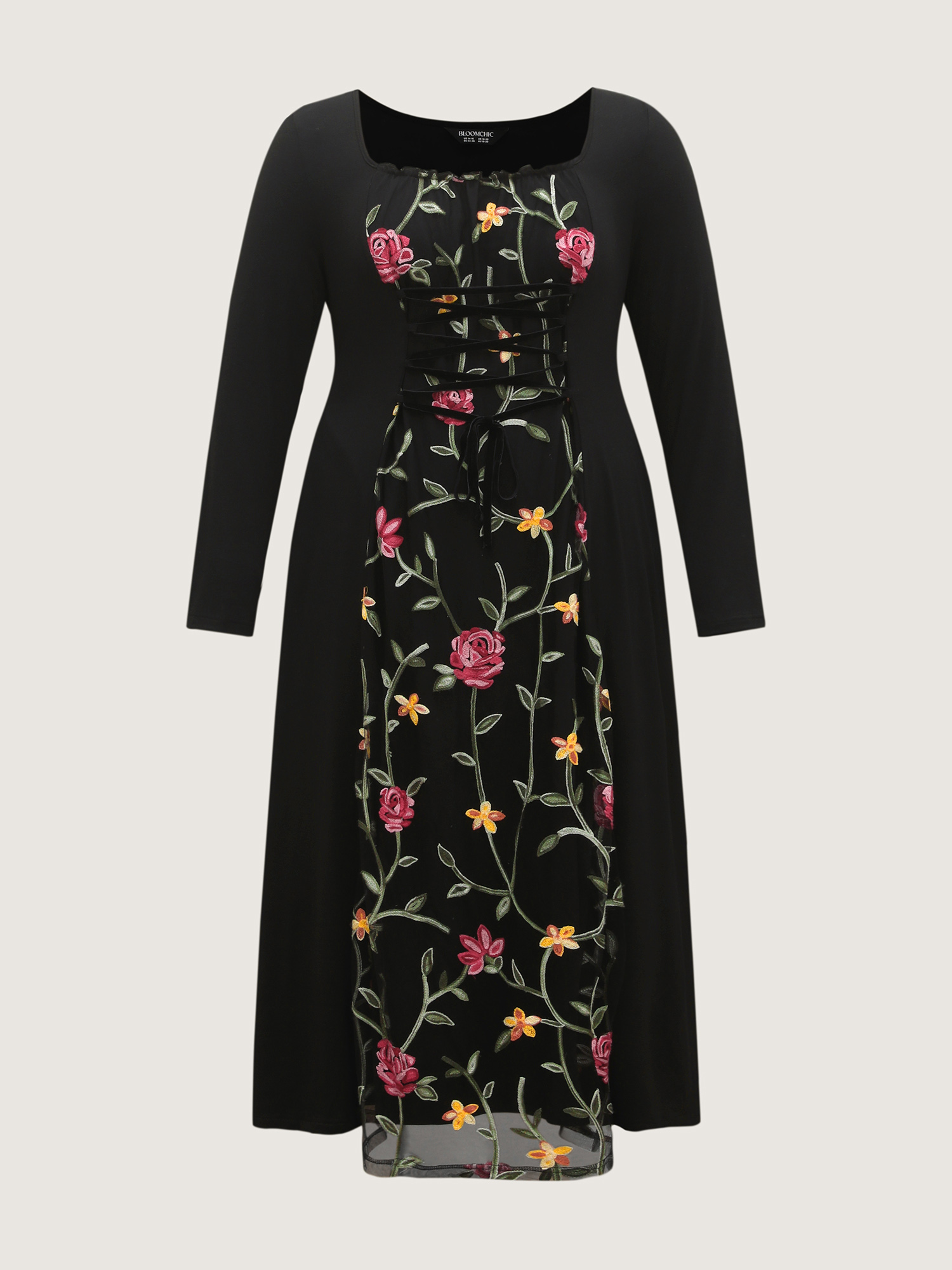 Side view of BloomChic Women's Plus Size Floral Waist-Tie Contrast Maxi Dress Black Party Colorblock Square Neck 14-16/1X