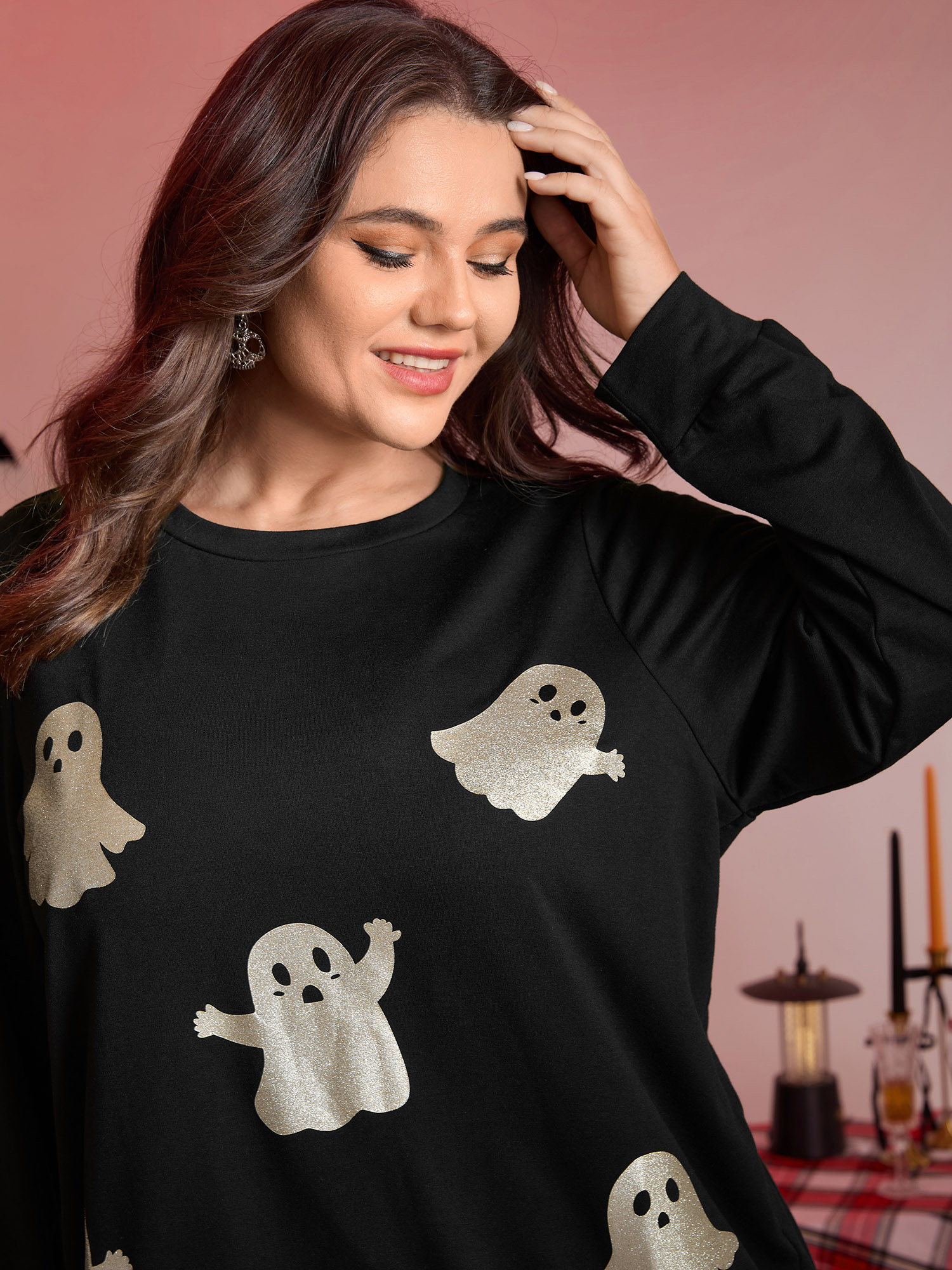 BloomChic Women's Plus Size Spooky Ghost Print Solid Sweatshirt Black Graphic-Halloween Everyday-Casual 10