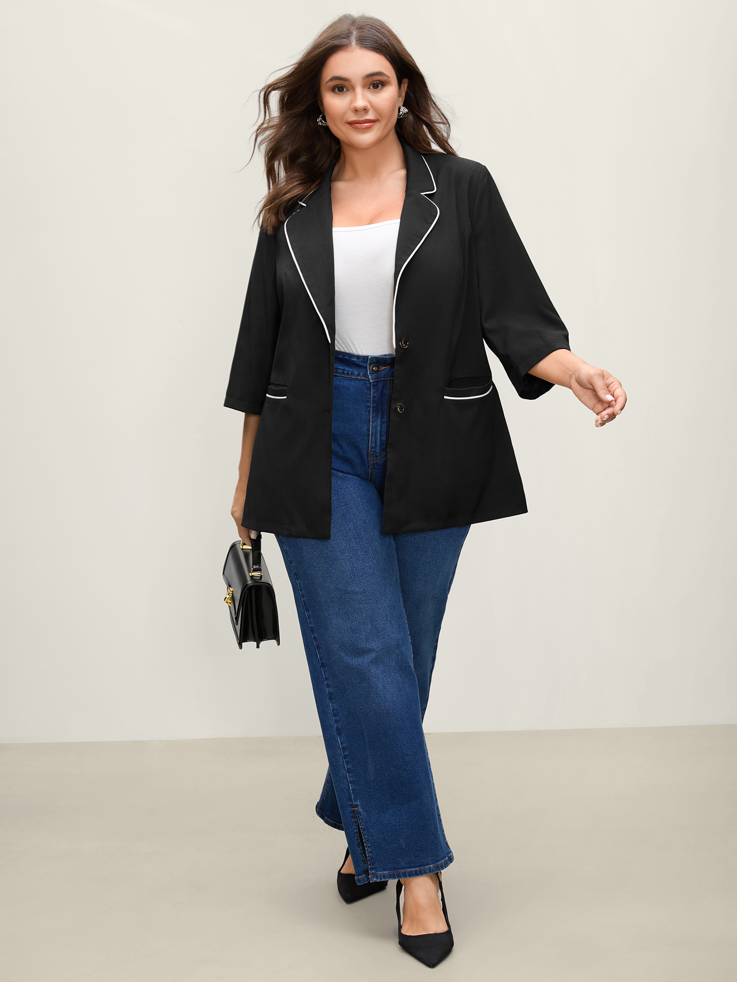 Side view of BloomChic Women's Plus Size Contrast Pockets Three-Quarter Sleeve Blazer Black Woven ribbon&lace trim Sleeve 3/4 Sleeve 22-24/3X