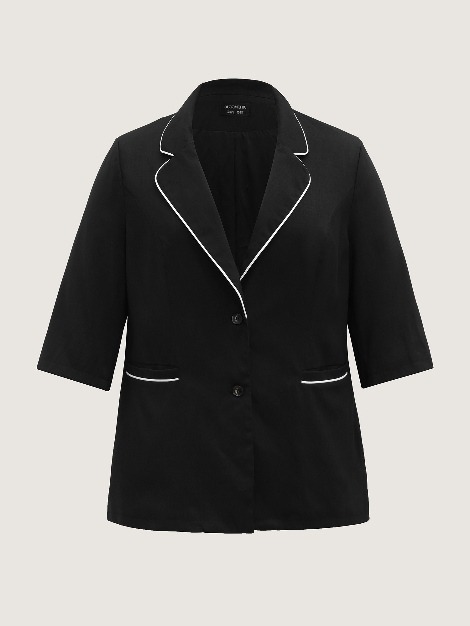 Side view of BloomChic Women's Plus Size Contrast Pockets Three-Quarter Sleeve Blazer Black Woven ribbon&lace trim Sleeve 3/4 Sleeve 22-24/3X