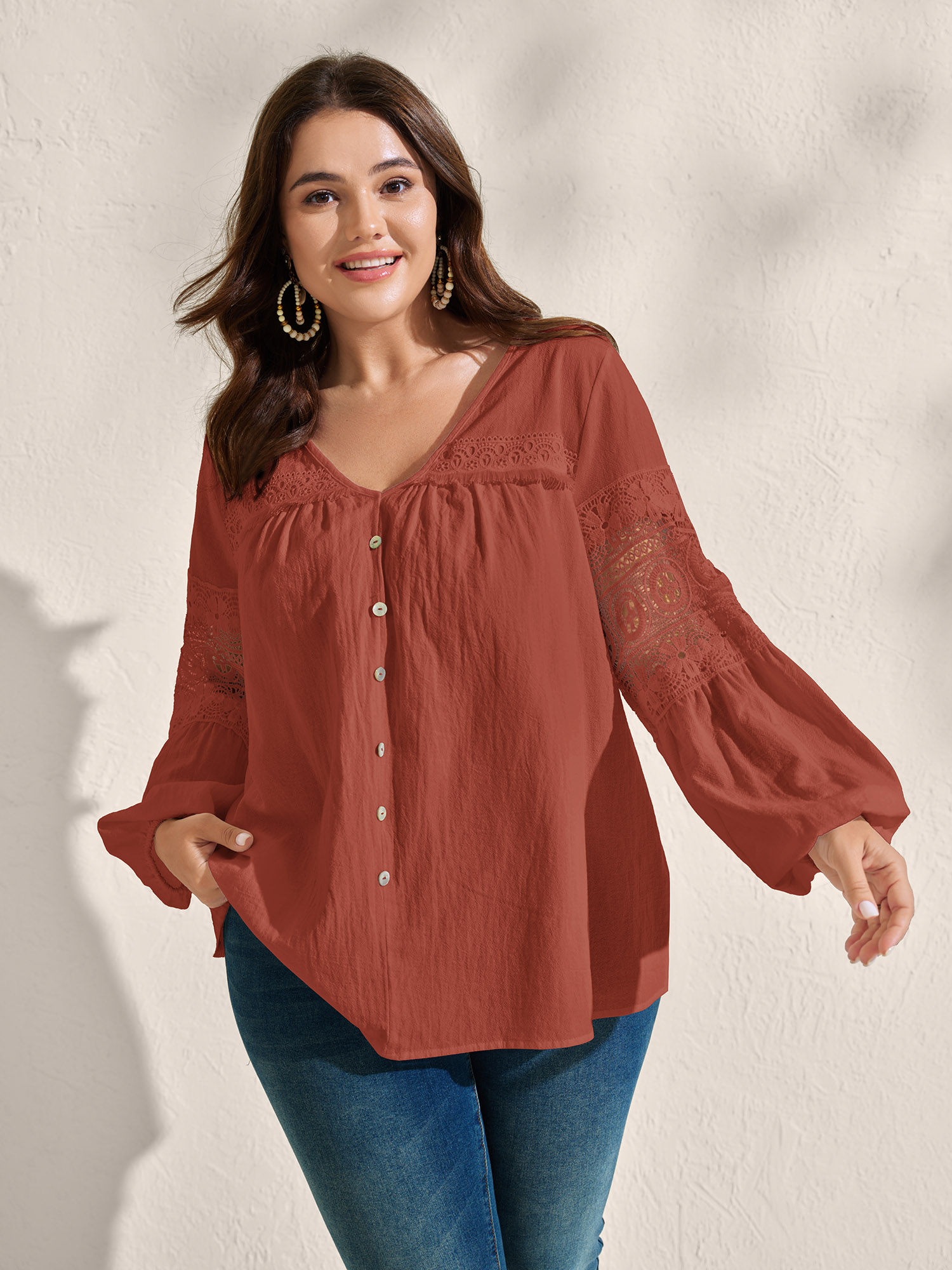 BloomChic Women's Plus Size Pure Cotton Sheer Lace Trim Blouse Russet Solid Vacation Long Sleeve V-Neck 10/M