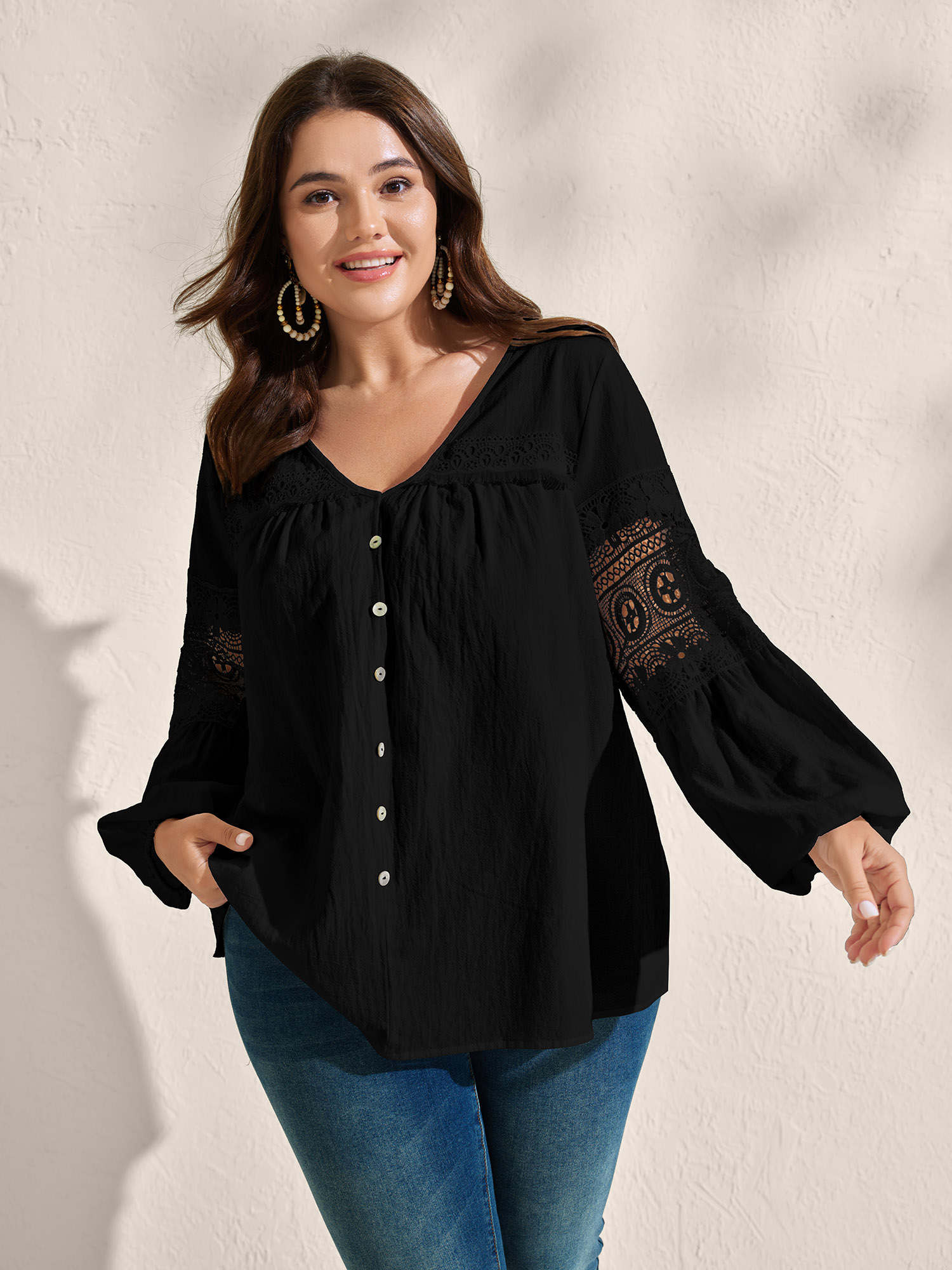 BloomChic Women's Plus Size Pure Cotton Sheer Lace Trim Blouse Black Solid Vacation Long Sleeve V-Neck 10/M