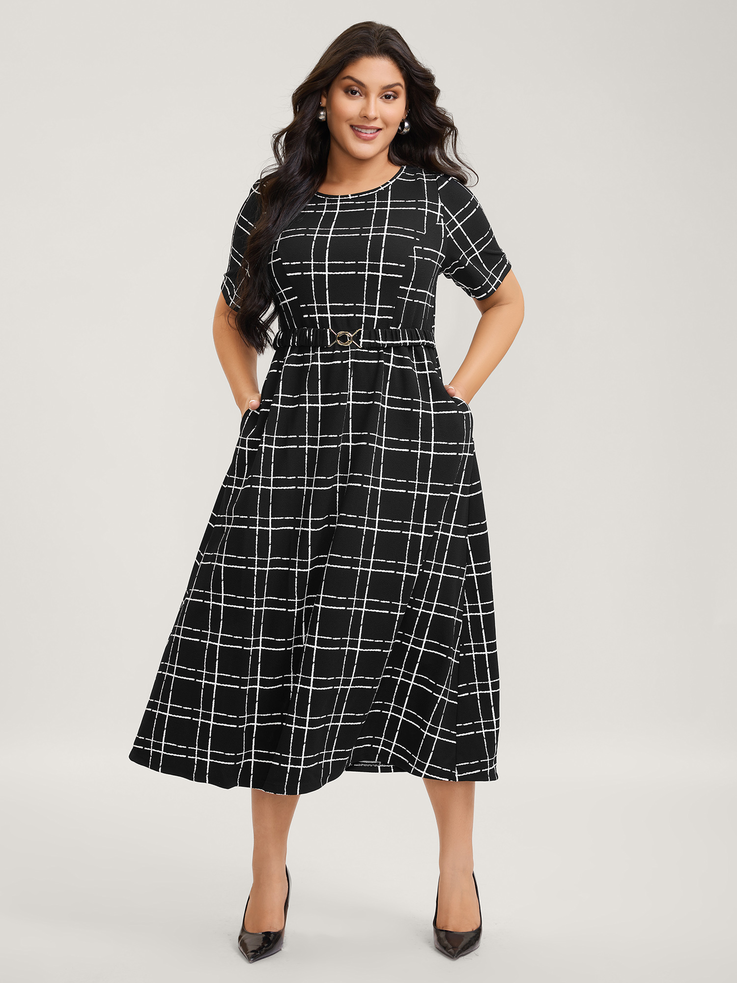 BloomChic Plus Size Grid Print Knit Belted Midi Dress - Curve Ladies Black Office Short sleeve Plaid Side Pocket Daily Dresses 26-28/3X