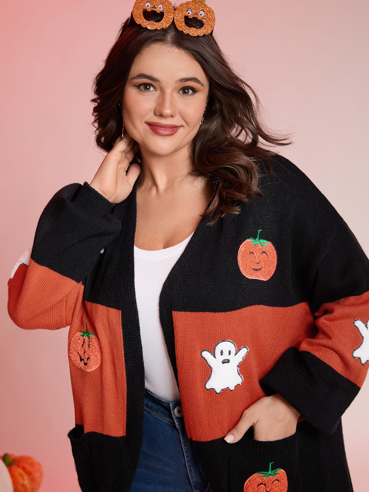 BloomChic Women's Plus Size Halloween Elements Color Block Knit Cardigan Black Long Sleeve 10/M