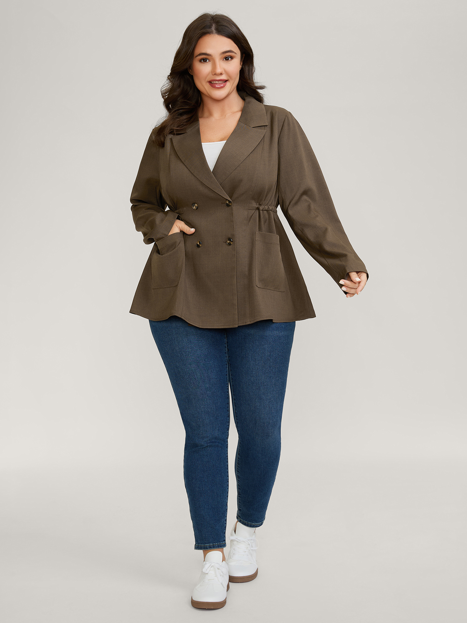 BloomChic Women's Plus Size Adjustable Waistline Relaxed Fit Blazer DarkBrown Drawstring Sleeve Long Sleeve 10/M
