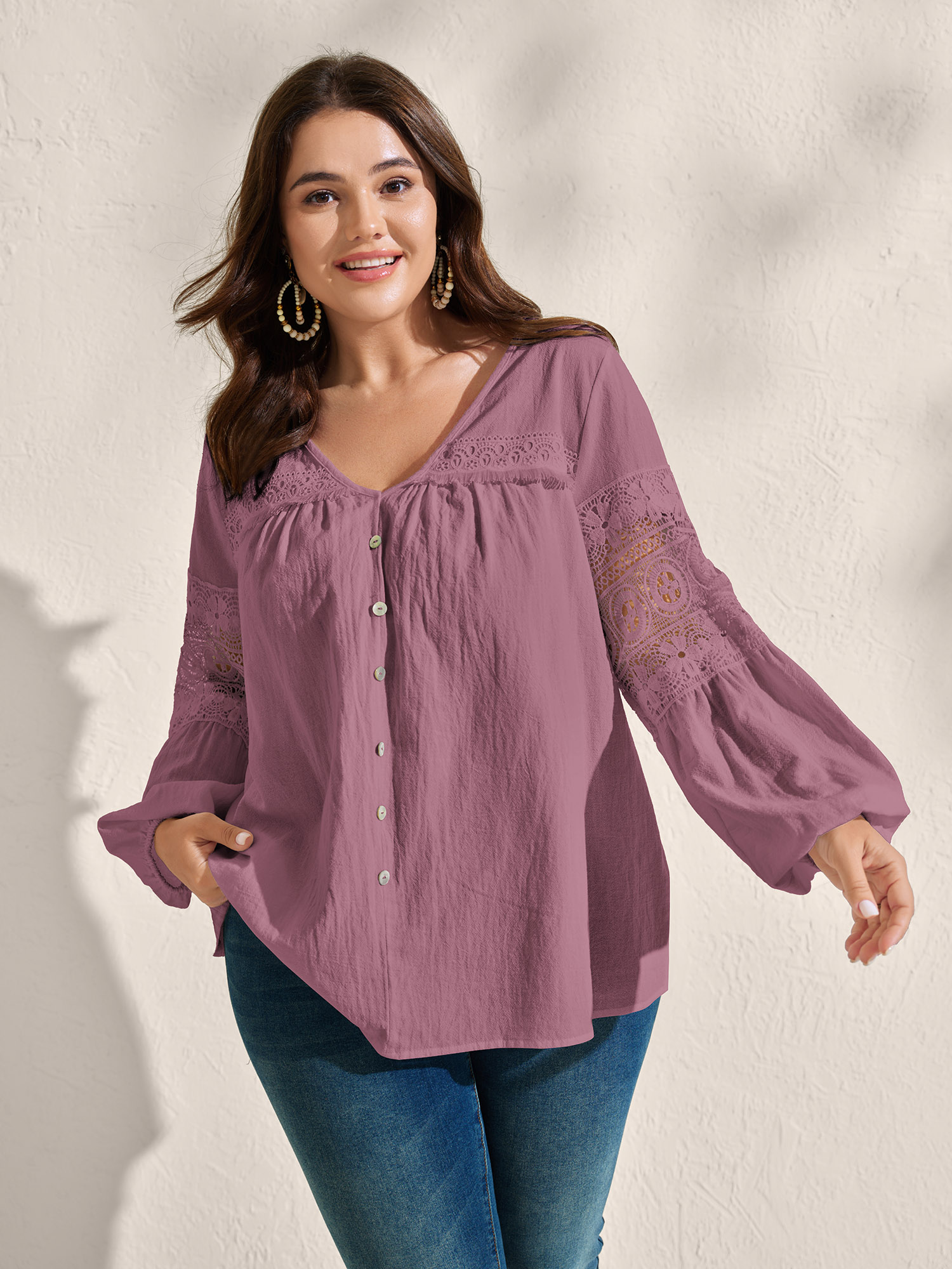 BloomChic Women's Plus Size Pure Cotton Sheer Lace Trim Blouse Mauve Solid Vacation Long Sleeve V-Neck 10/M