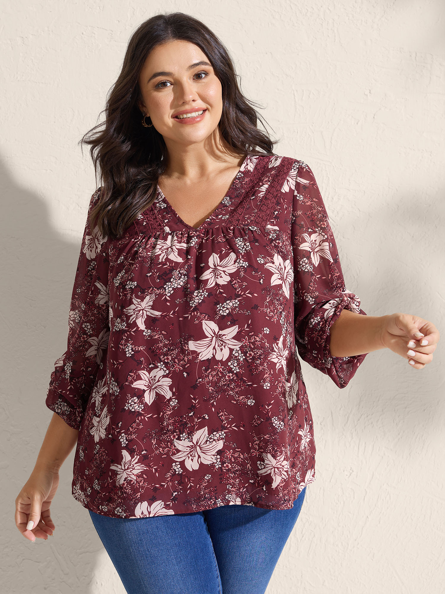 BloomChic Women's Plus Size Fall Floral Print Lace Trim Blouse Deepred Floral Everyday-Elegant Long Sleeve 10/M