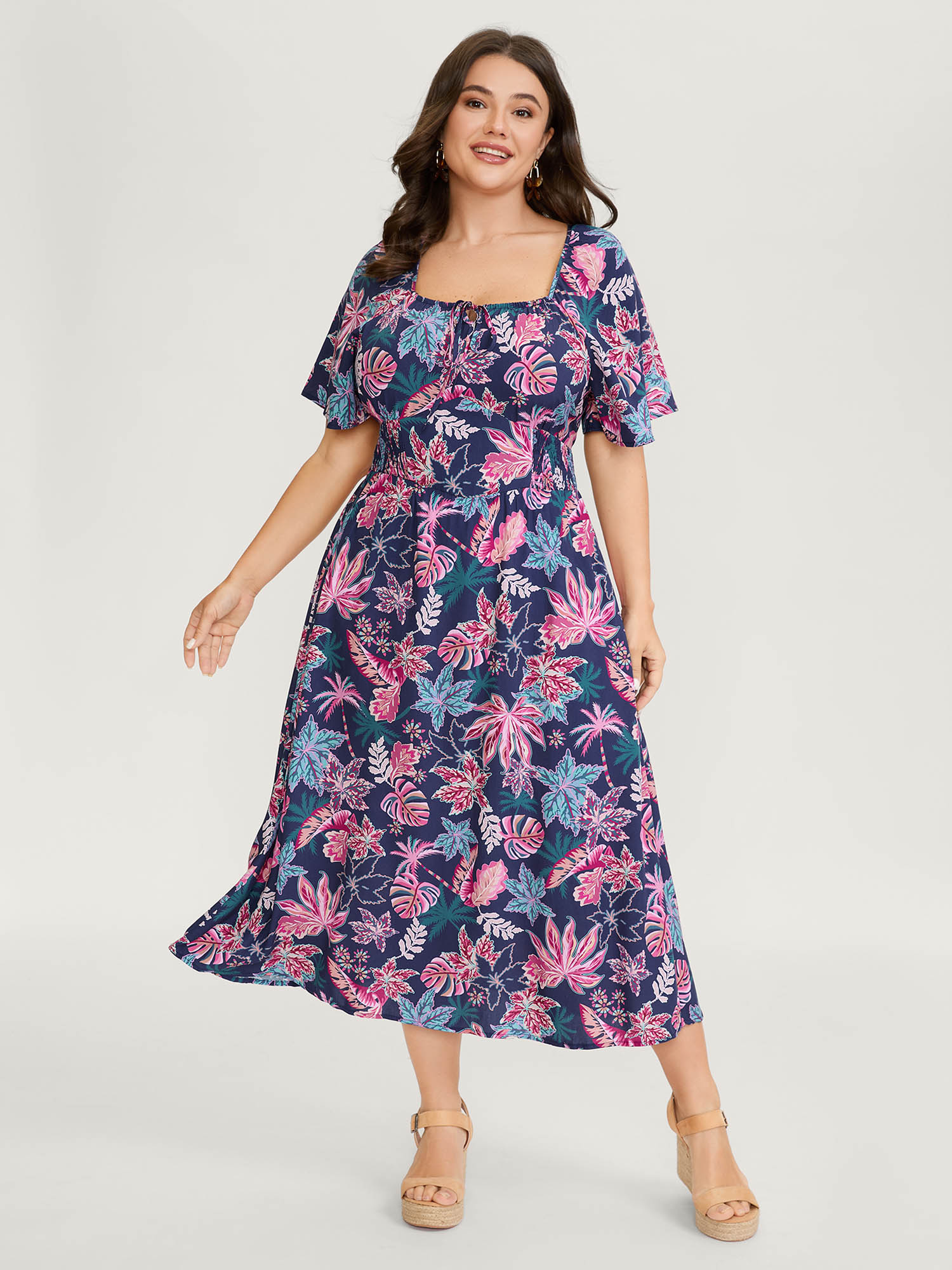 BloomChic Women's Plus Size Floral Cinched-Waist Maxi Dress Multicolor Tropical Midi Vacation Tie knot 22-24/3X