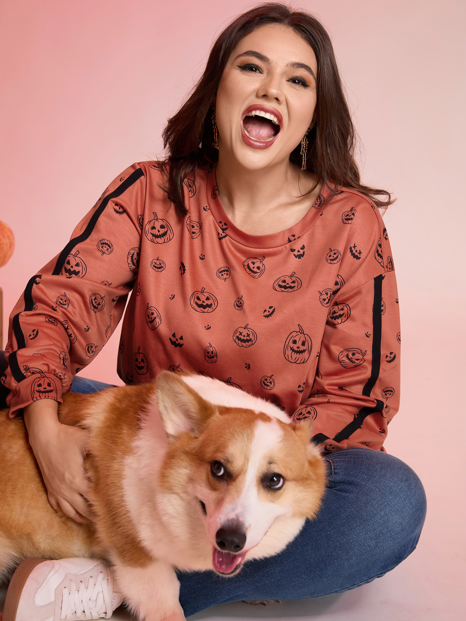 BloomChic Women's Plus Size Spooky Halloween Print Relaxed Fit Sweatshirt Coral Graphic-Halloween Everyday-Casual 10/M