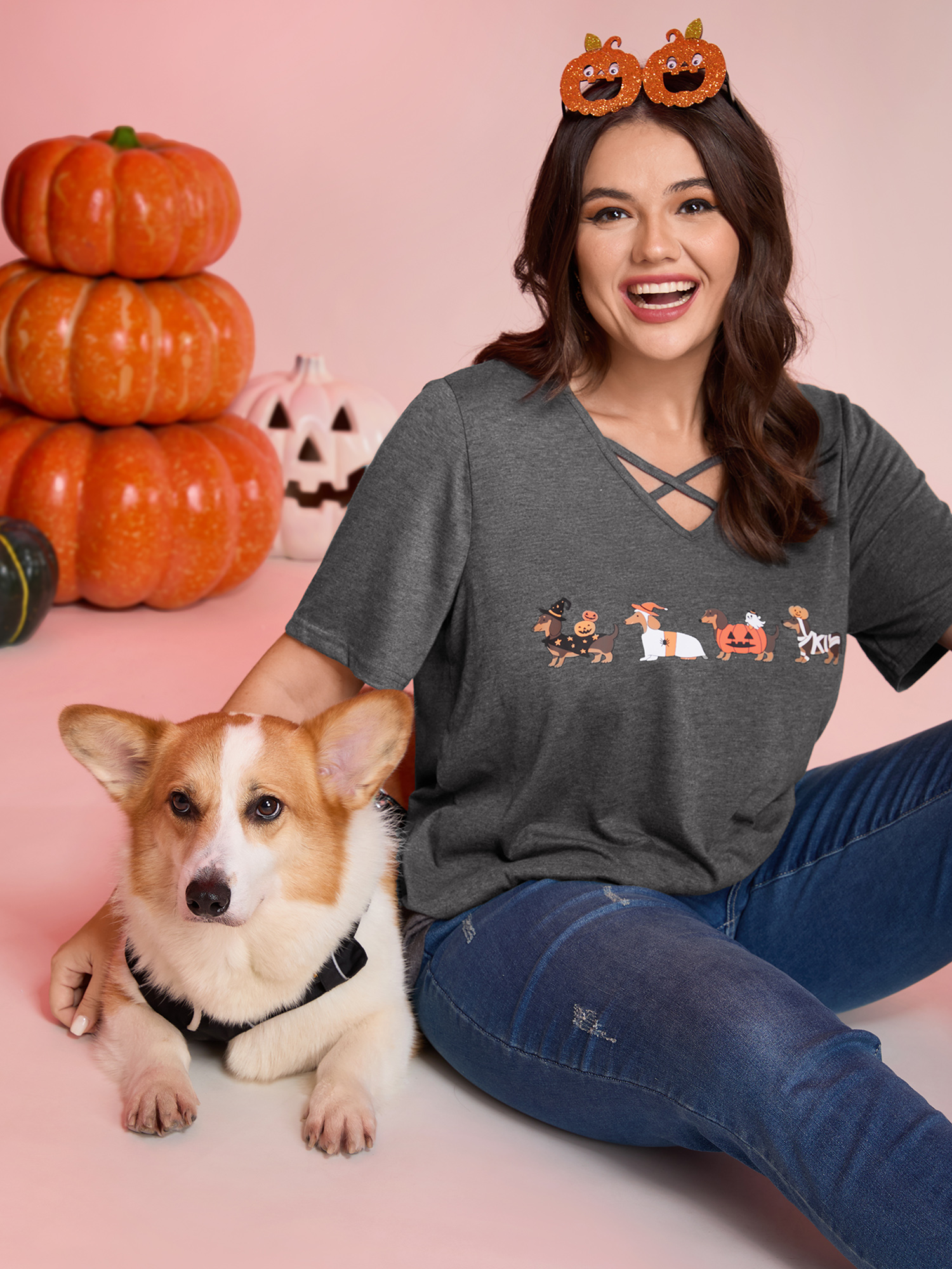 BloomChic Plus Size Trick or BloomChic Crossover Neck-Tie T-Shirt - Women's DimGray Solid Round Neck Comfort Midsection Fit Long Sleeve Playful T-shirts 32/5X