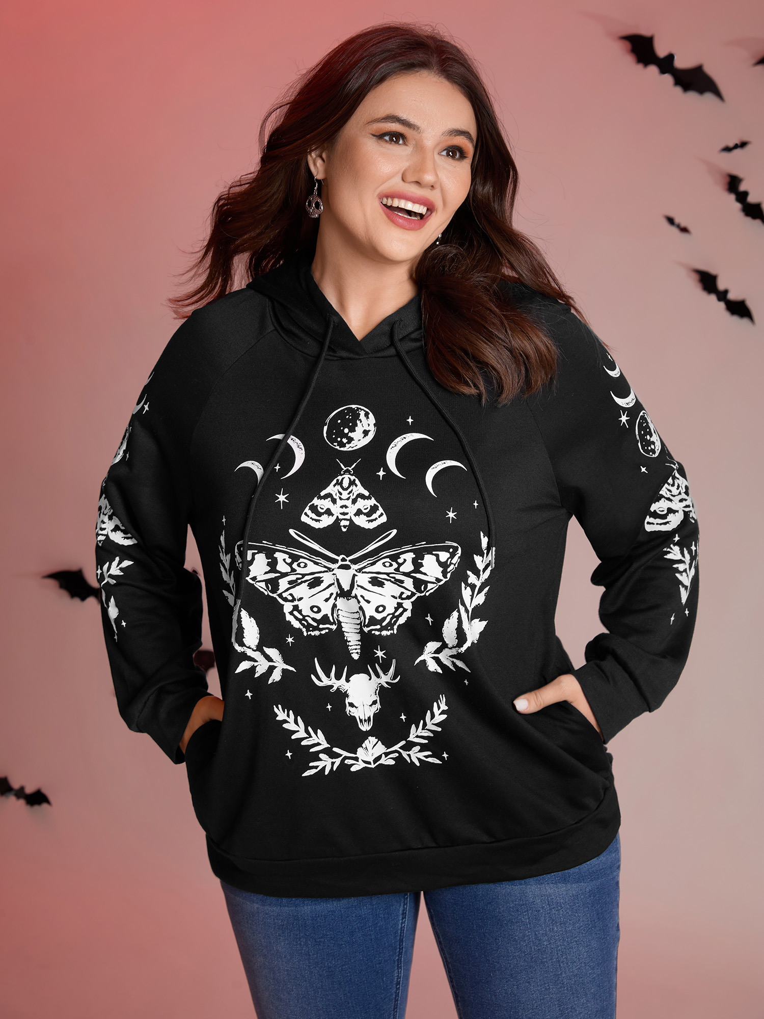 BloomChic Women's Plus Size Haunted Midnight Motif Solid Hoodie Black Graphic-Halloween Everyday-Casual 10/M