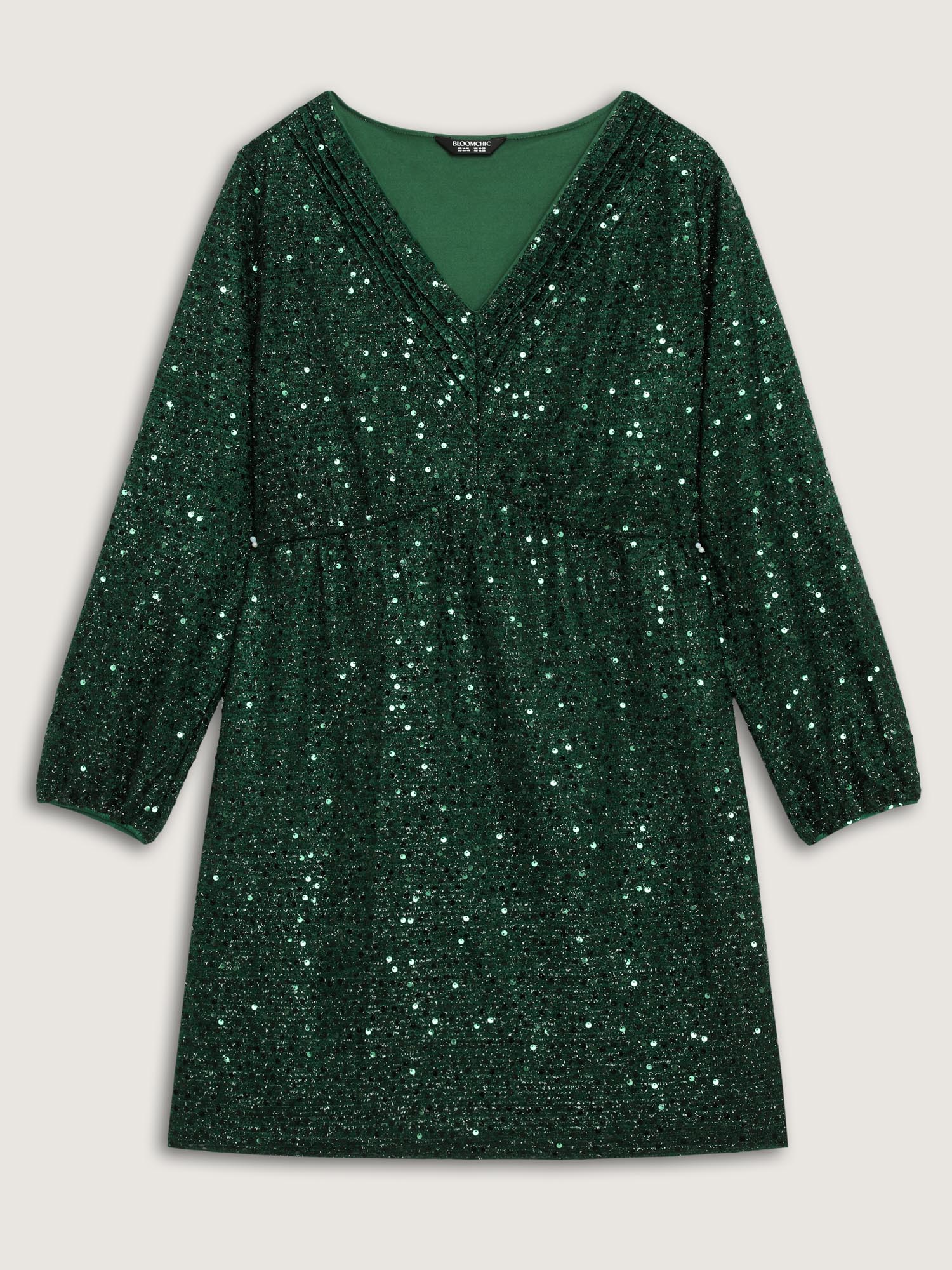 Side view of BloomChic Women's Plus Size Shimmery Sequin V-Neck Knee Dress DarkGreen Party Smocked V-Neck 12/L