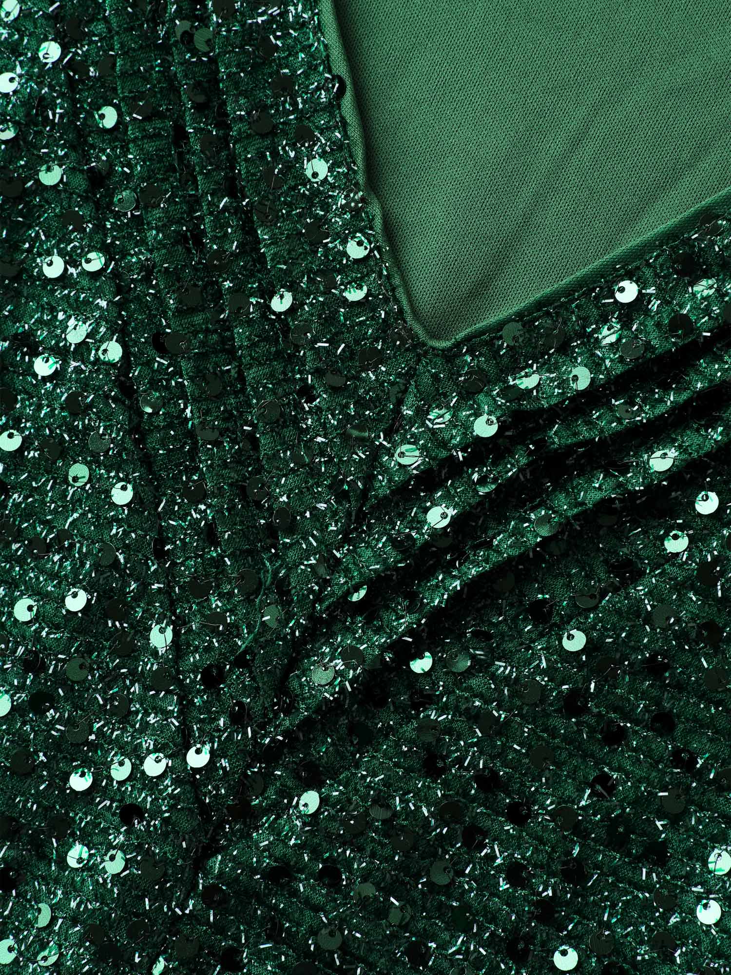 Side view of BloomChic Women's Plus Size Shimmery Sequin V-Neck Knee Dress DarkGreen Party Smocked V-Neck 12/L