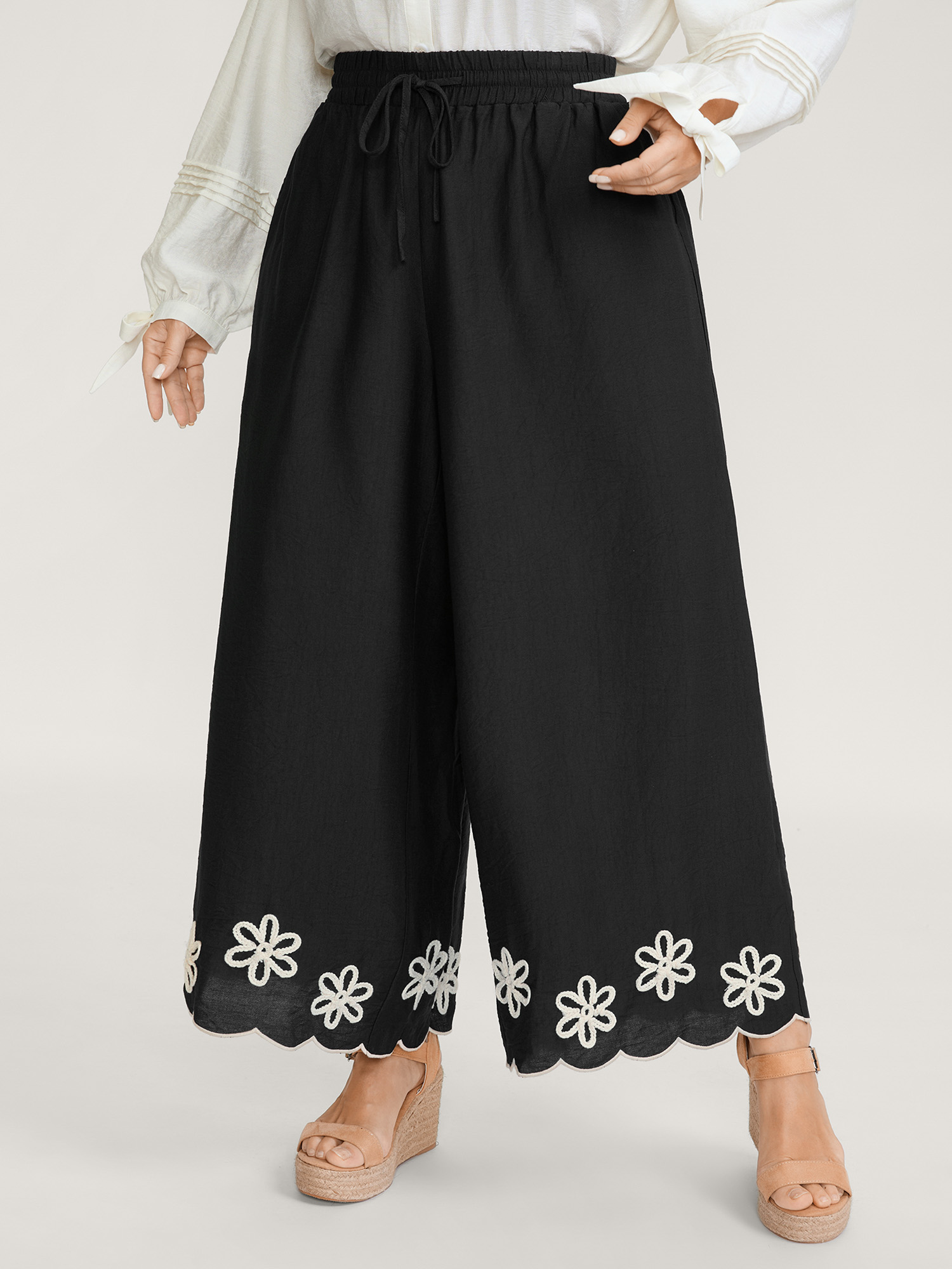 BloomChic Women's Plus Size Floral Embroidered Hem Drawstring Pants Black Floral Wide leg Mid Rise 10/M