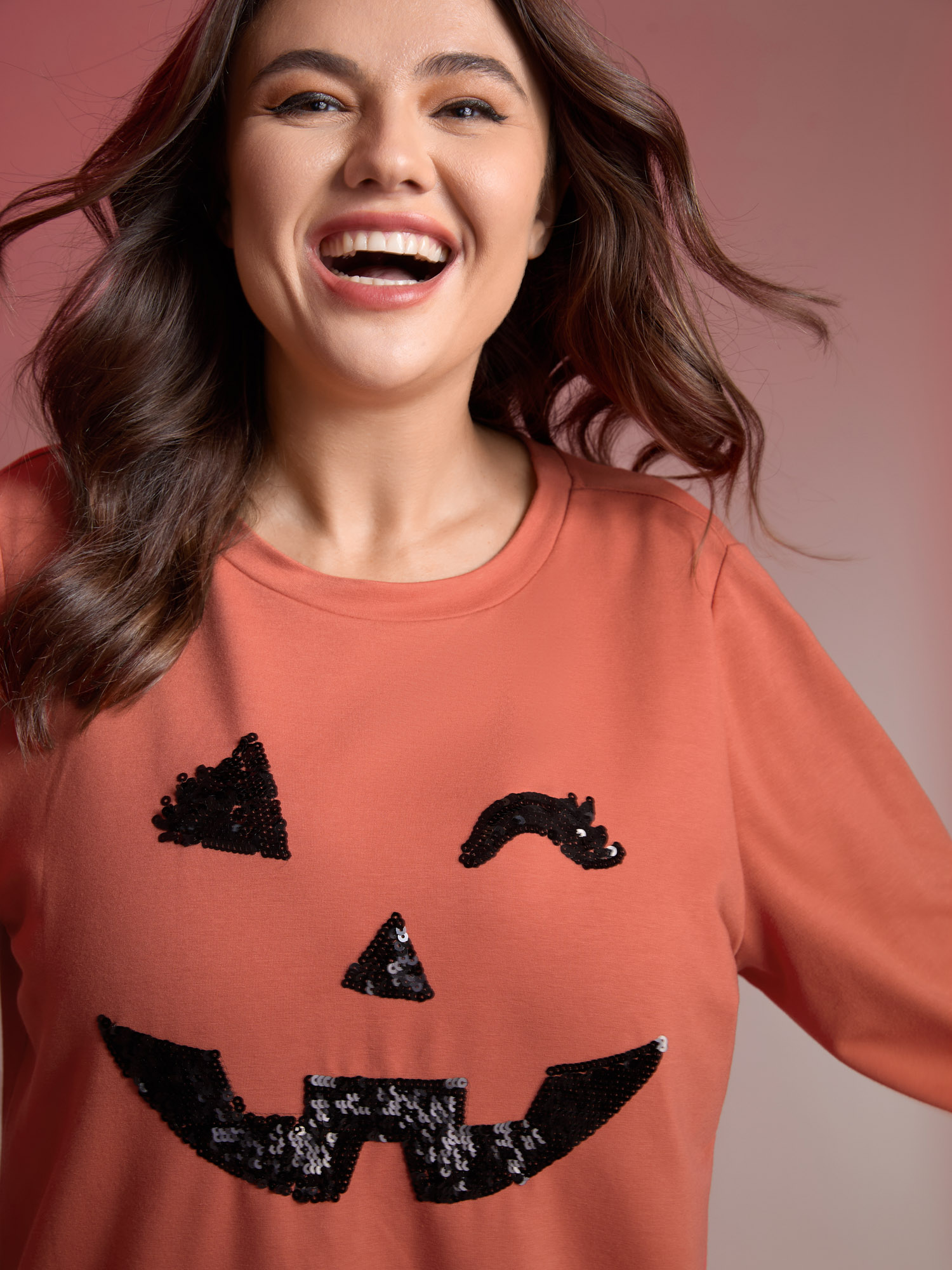 BloomChic Women's Plus Size Supersoft Pumpkin Spice Sequin Embroidery Sweatshirt Brightorange Graphic-Halloween Everyday-Casual 22-24/3X