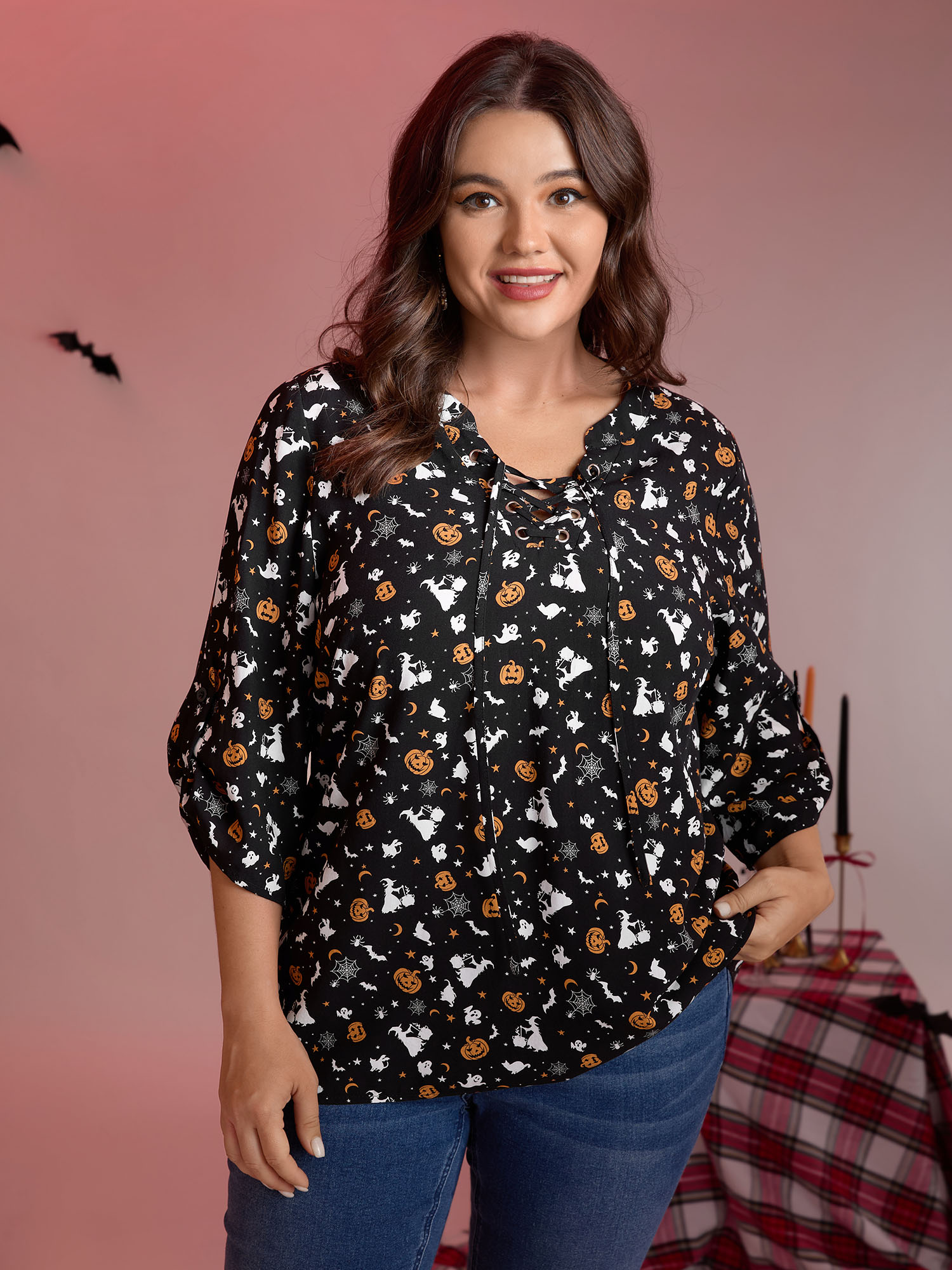 BloomChic Women's Plus Size Rayon Halloween Print Neck Tie-Up Blouse BlackFlower Everyday-Elegant 3/4 Sleeve 10/M