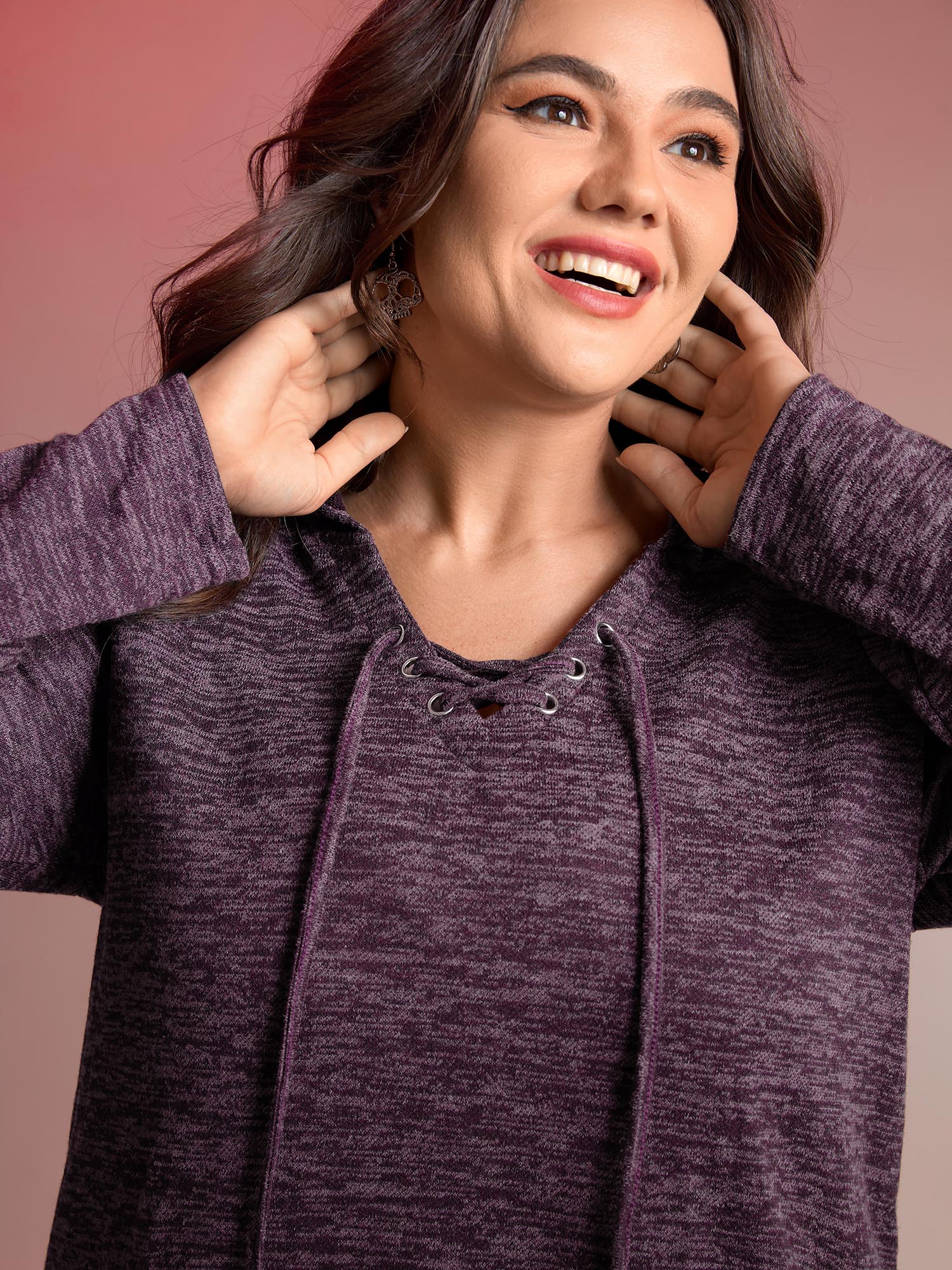 BloomChic Plus Size Heather Neck Cross-Tie Hoodie - Women's Grape Jam Marled / Heathered Hooded Neck Comfort Sleeve Fit Long Sleeve Leisure Sweatshirts 14/M