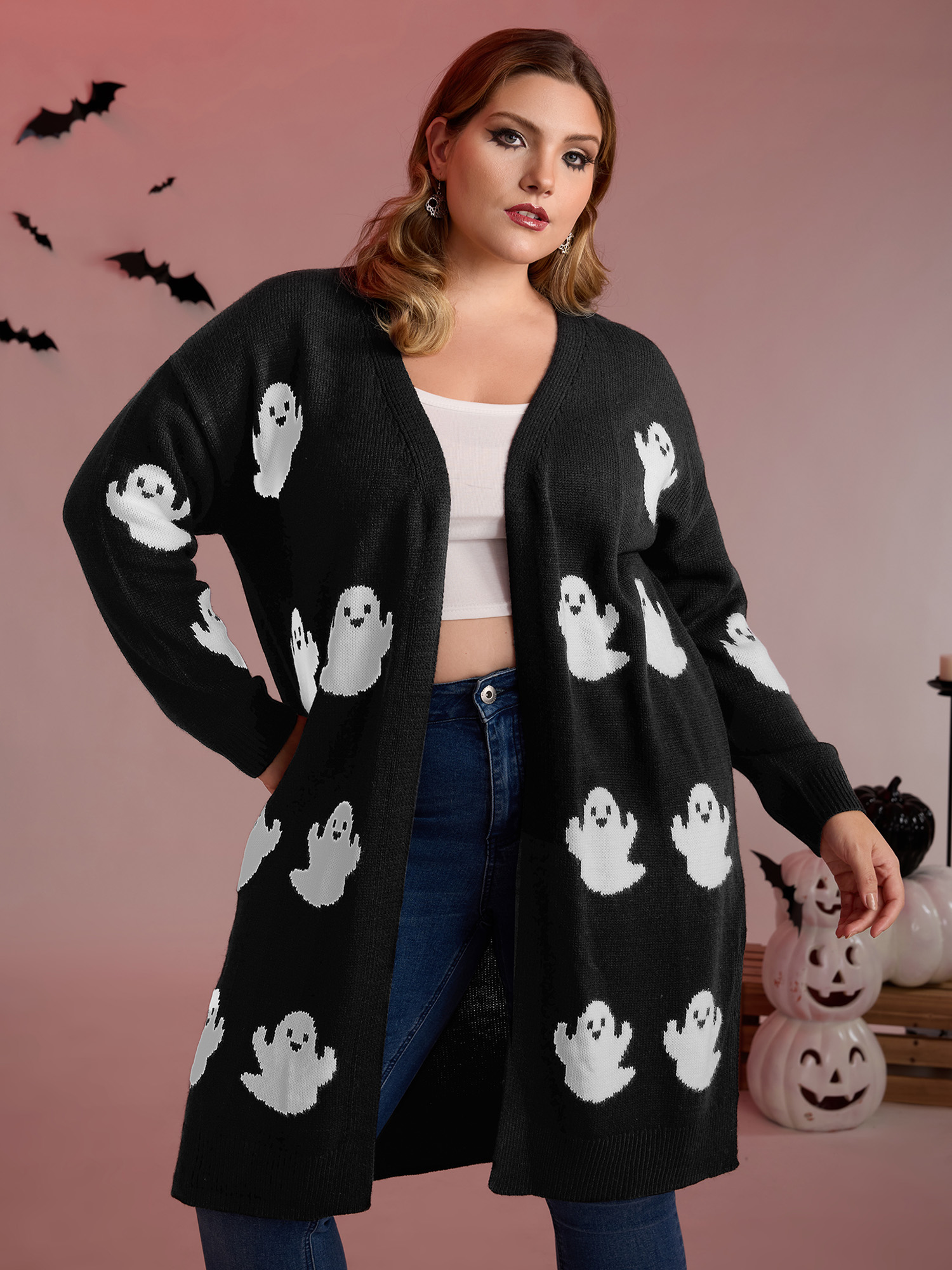 BloomChic Women's Plus Size Happy Ghost Jacquard Knit Cardigan Black Long Sleeve 12/L