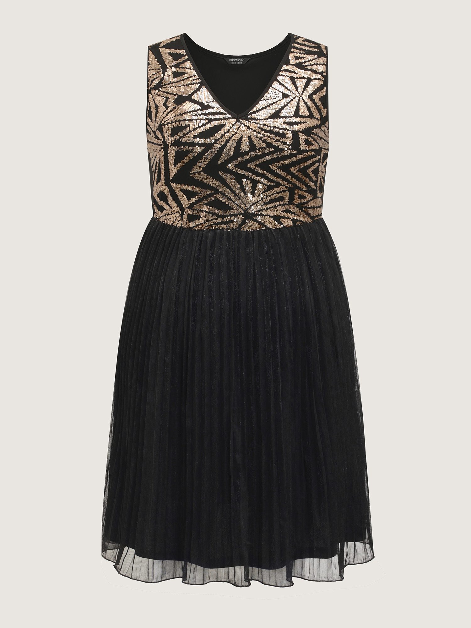 Side view of BloomChic Women's Plus Size Shimmery Padded V-Neck Pleated Midi Dress Multicolor Party Knee Non 30/6X
