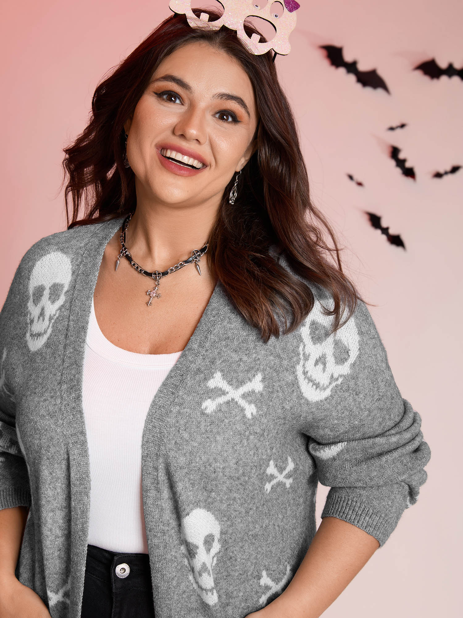 BloomChic Women's Plus Size Supersoft Skull Pattern Open-Front Knit Cardigan Mediumgray Long Sleeve 30/6X