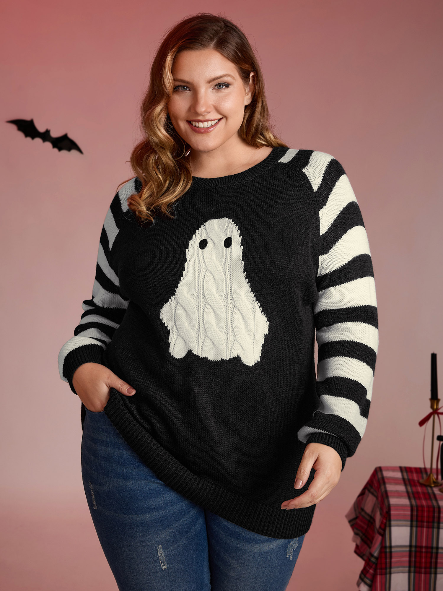 BloomChic Women's Plus Size Hey Ghost Raglan Stripe Sleeve Pullover Black Graphic-Halloween Long Sleeve 22-24/3X