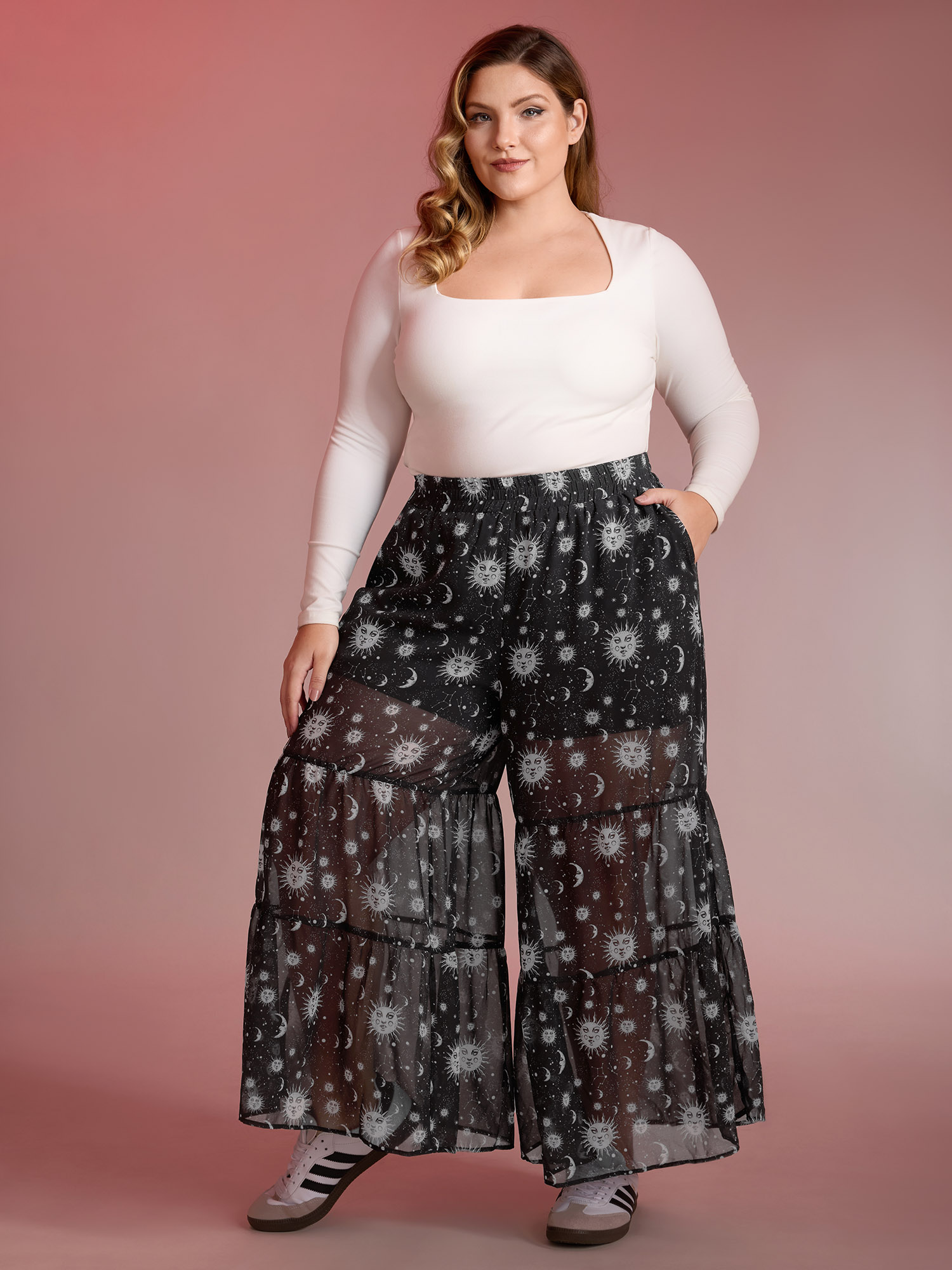 BloomChic Women's Plus Size Starry Halloween Night Sheer Wide Waistband Pants Black Wide leg Mid Rise 10/M