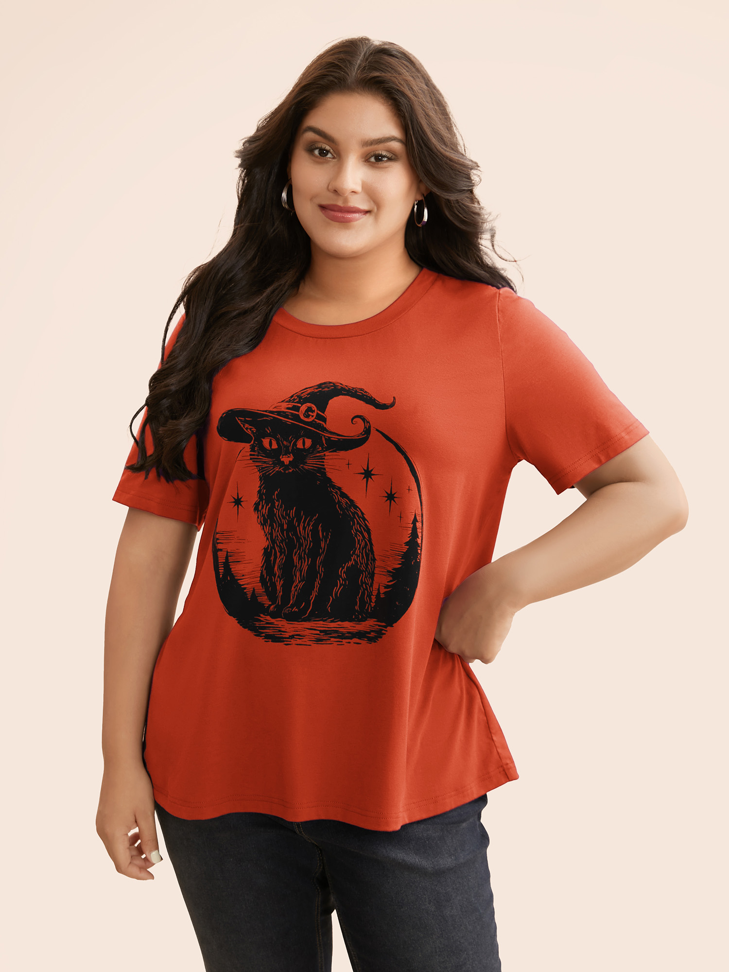 BloomChic Plus Size Bewitched Cat Printed Crew Neck T-shirt - Women's Rust Solid Round Neck Comfort Midsection Fit Long Sleeve Playful T-shirts 14/M
