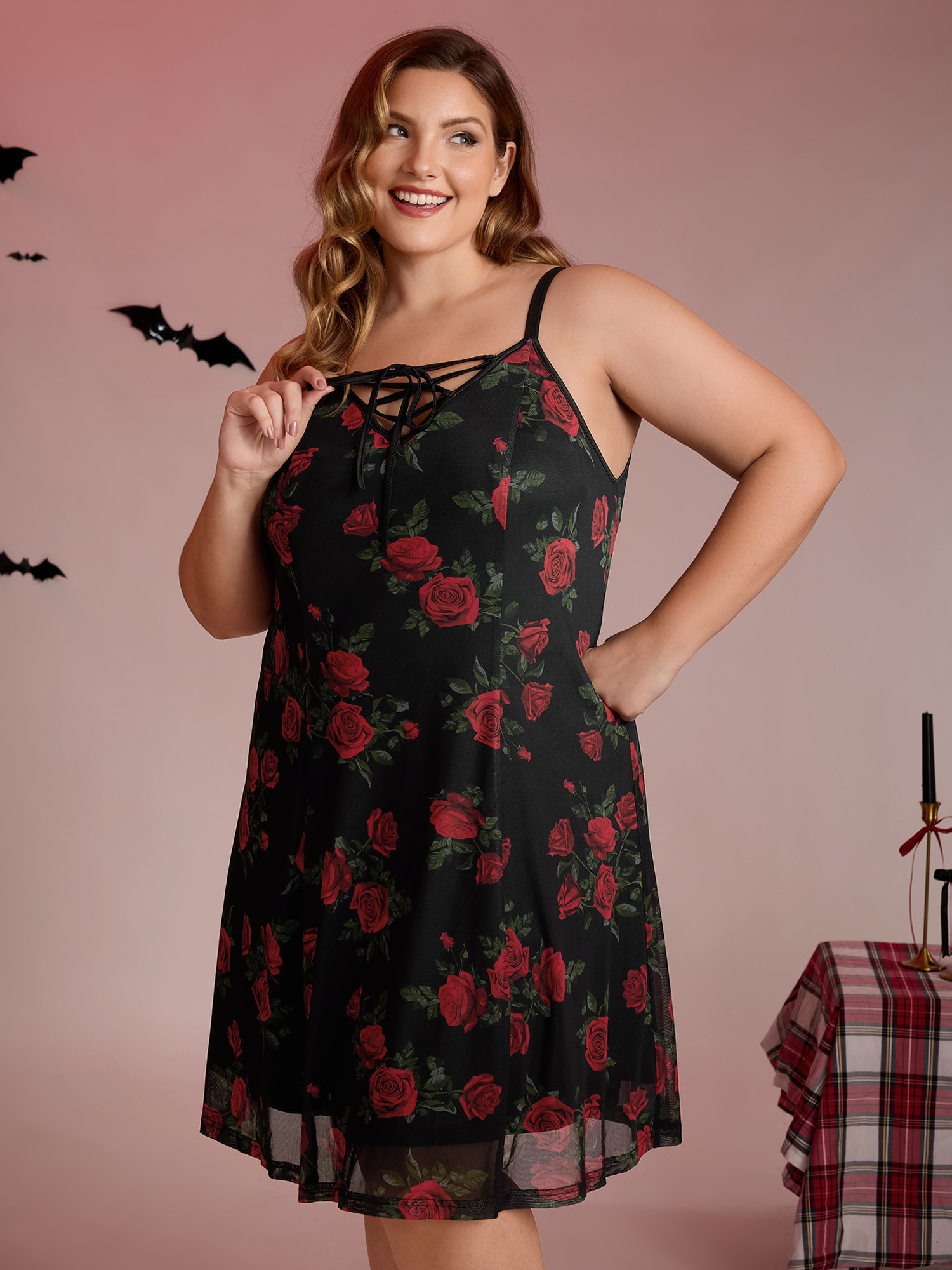 BloomChic Women's Plus Size Midnight Rose Print Neck-Ties Cami Nightgown Black Sleeveless Short 10/M-image-47354777108650