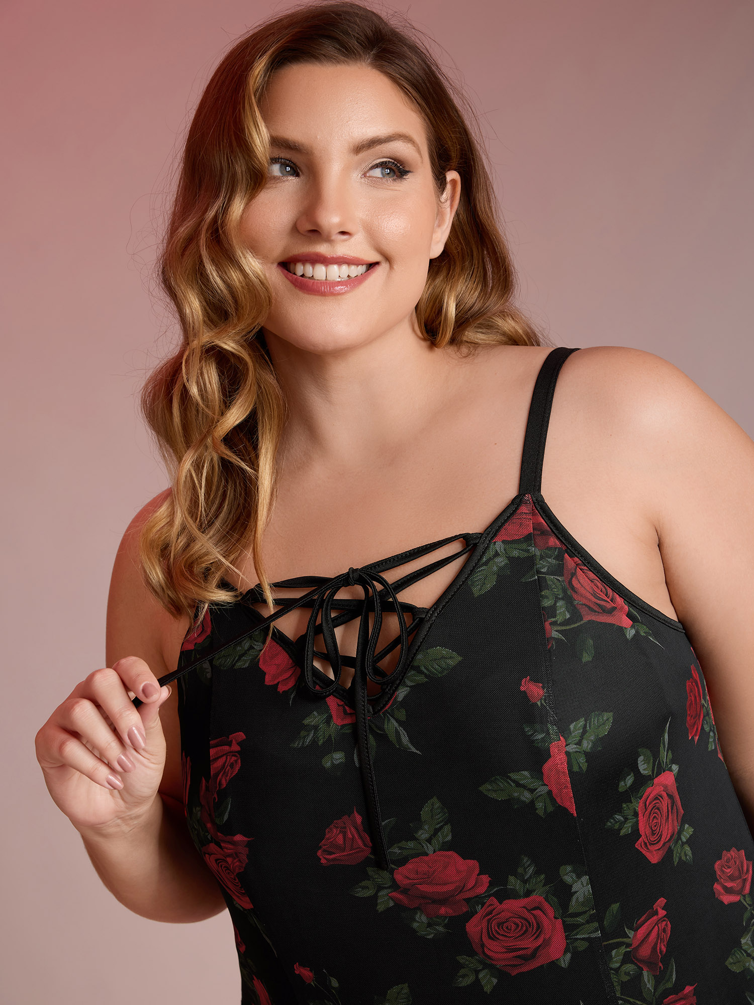 Side view of BloomChic Women's Plus Size Midnight Rose Print Neck-Ties Cami Nightgown Black Sleeveless Short 12/L