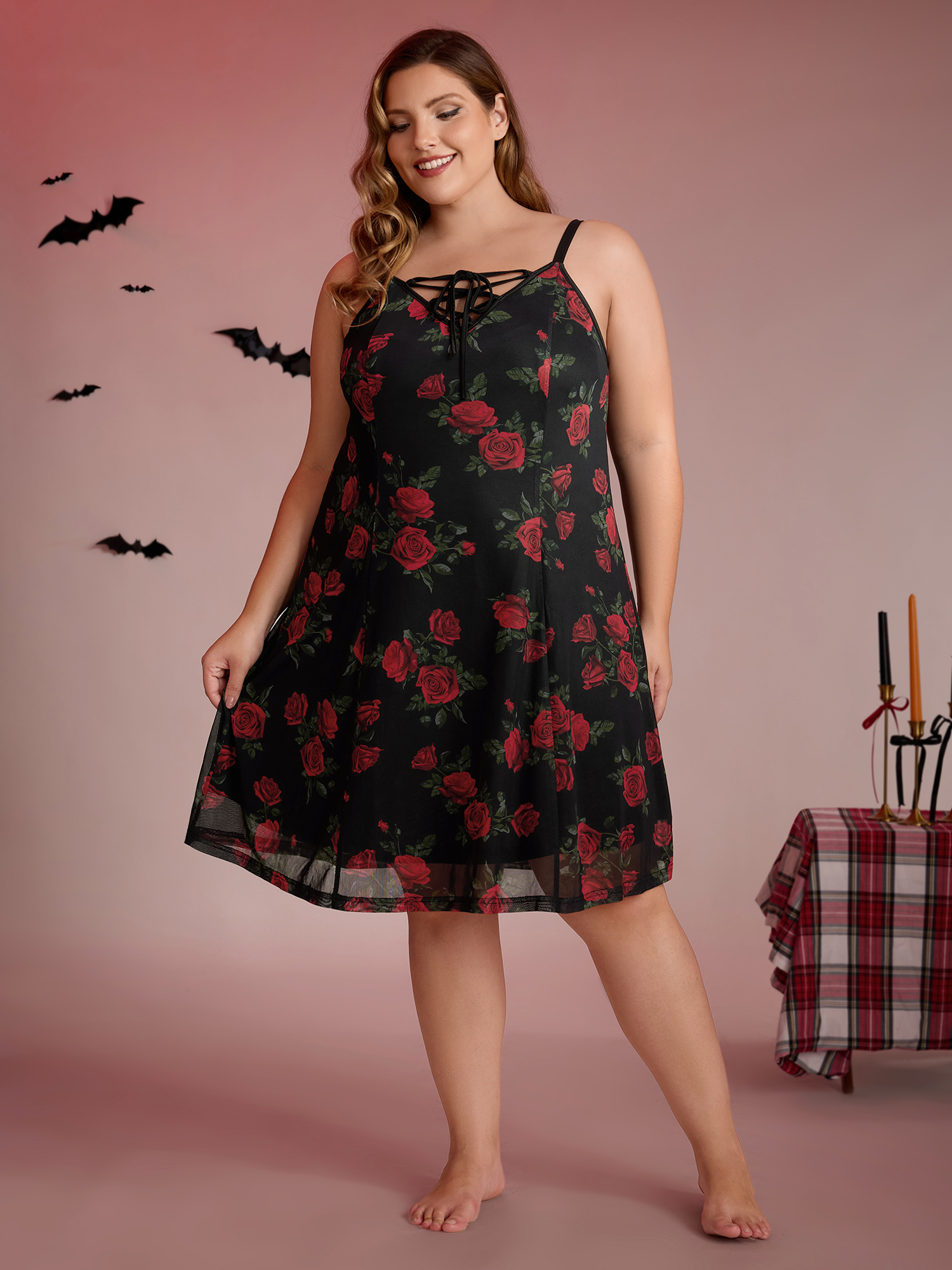 Side view of BloomChic Women's Plus Size Midnight Rose Print Neck-Ties Cami Nightgown Black Sleeveless Short 12/L
