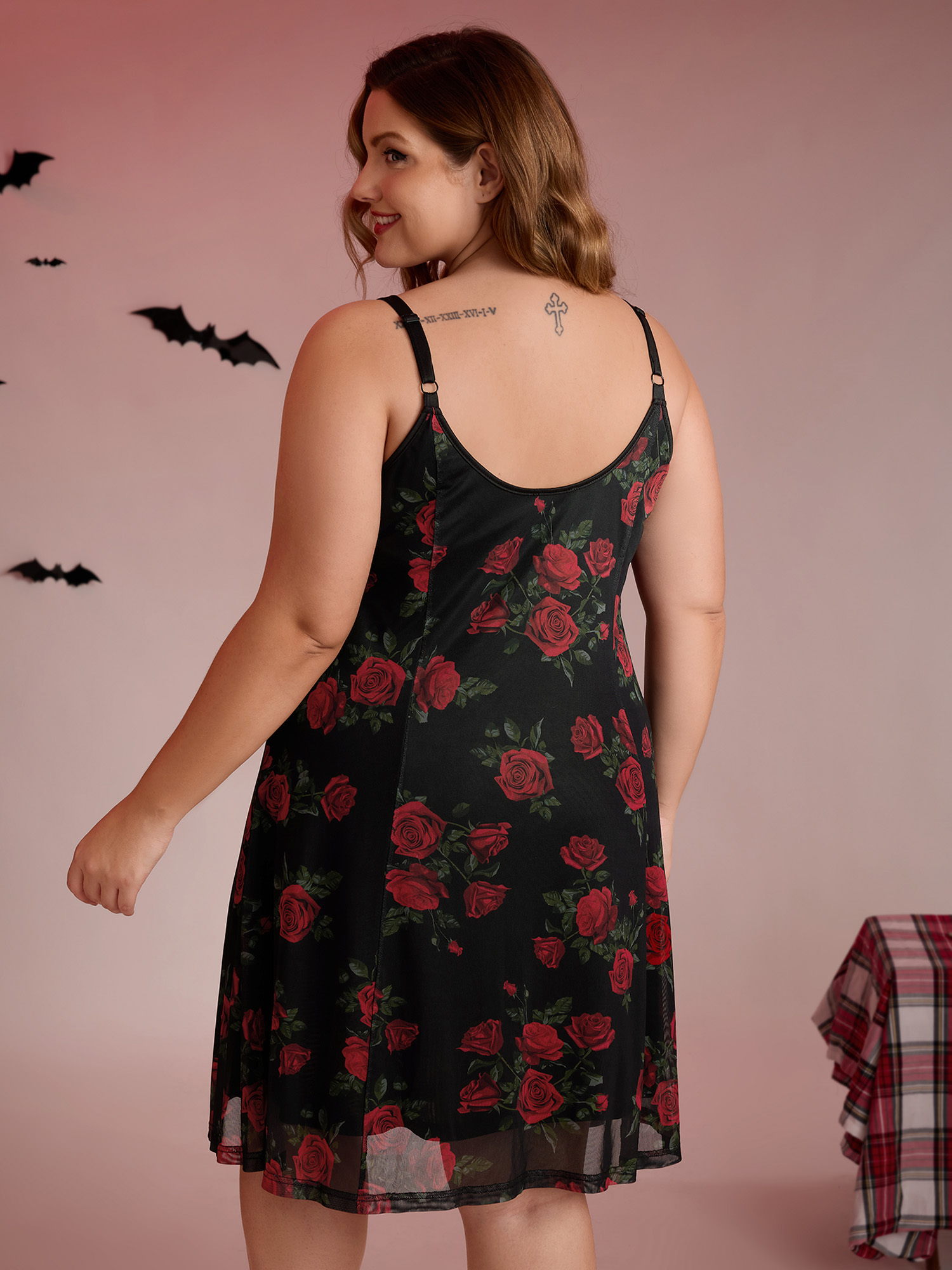 Side view of BloomChic Women's Plus Size Midnight Rose Print Neck-Ties Cami Nightgown Black Sleeveless Short 12/L