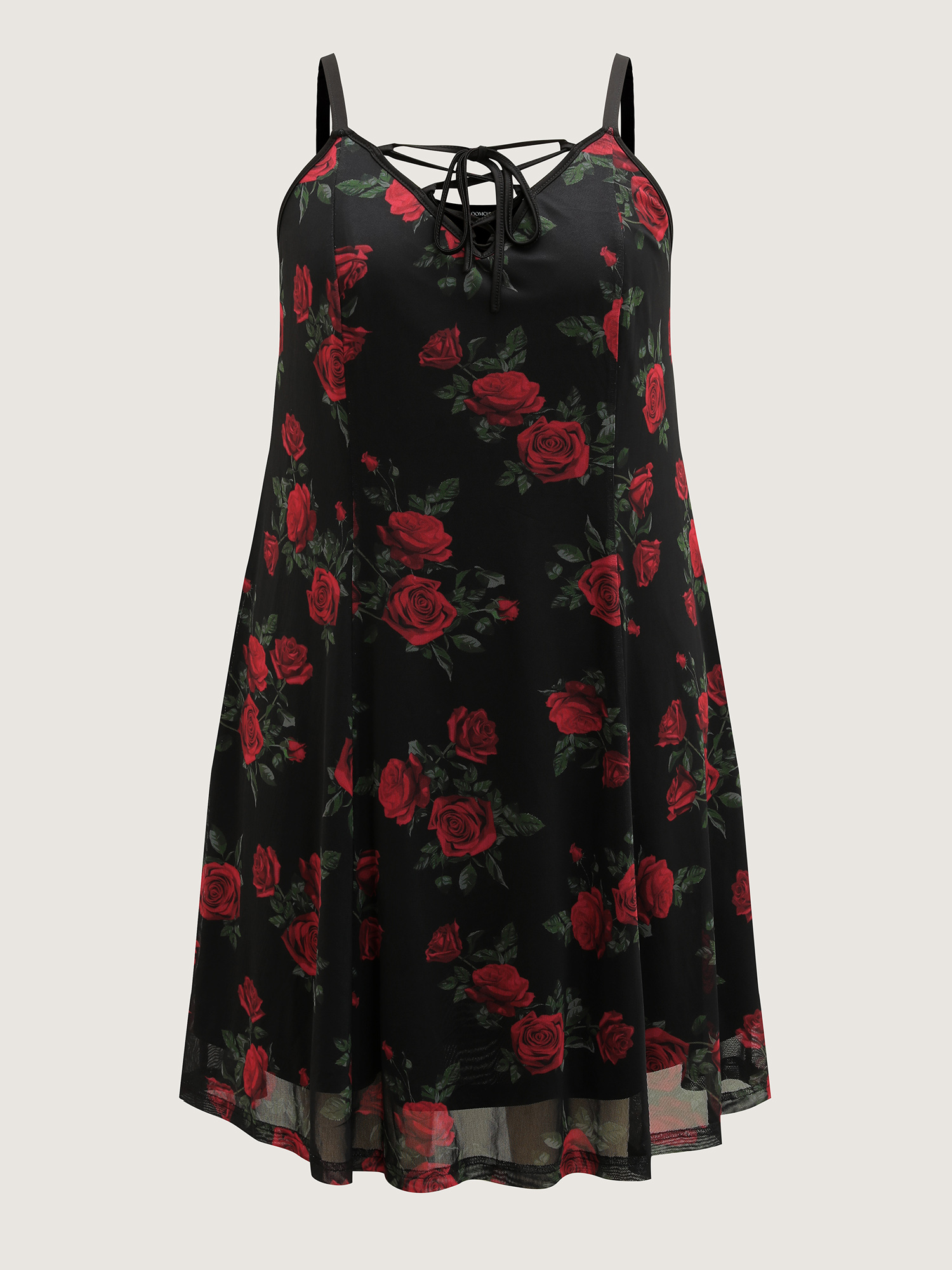 Side view of BloomChic Women's Plus Size Midnight Rose Print Neck-Ties Cami Nightgown Black Sleeveless Short 12/L
