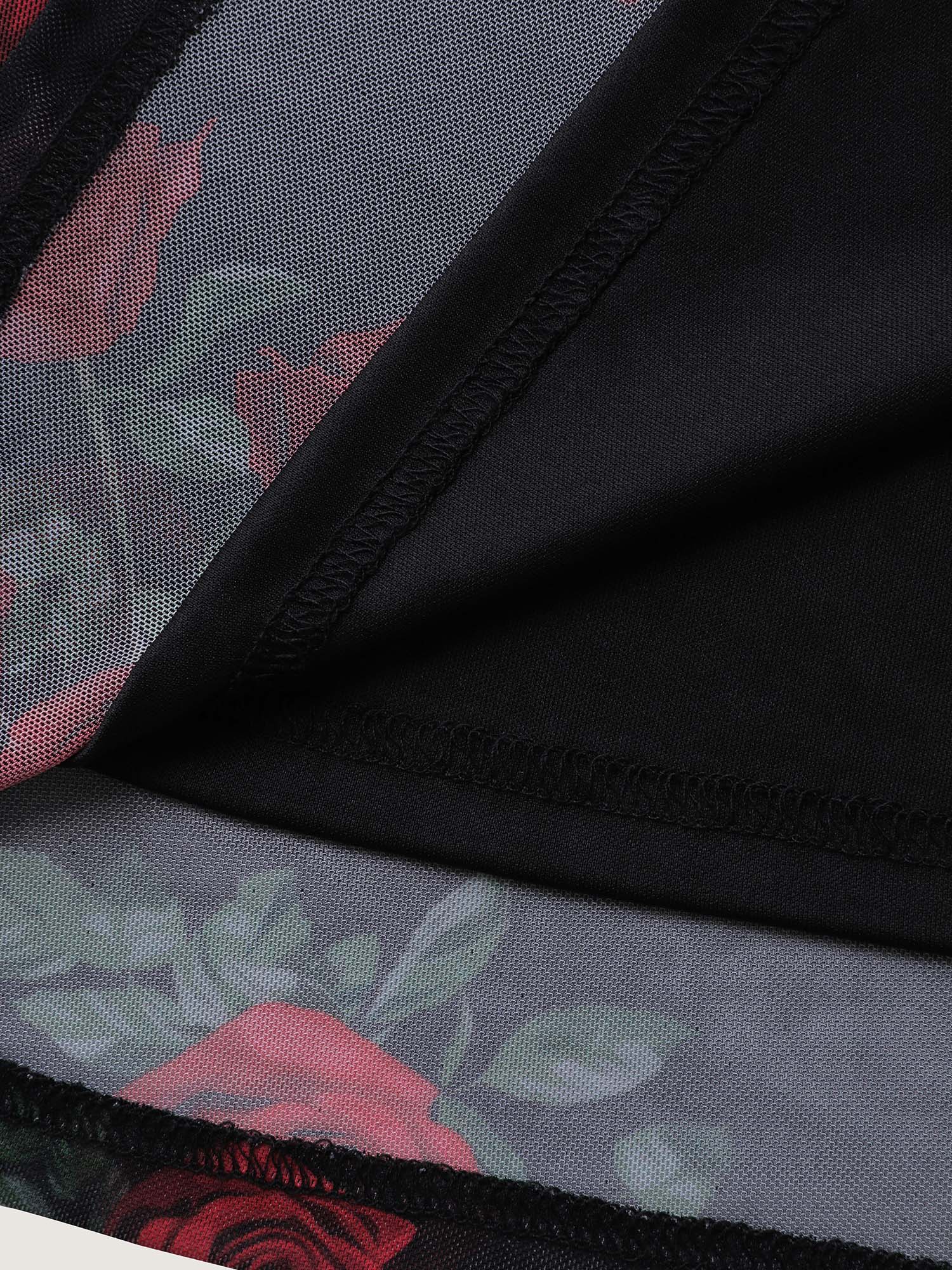 Side view of BloomChic Women's Plus Size Midnight Rose Print Neck-Ties Cami Nightgown Black Sleeveless Short 12/L