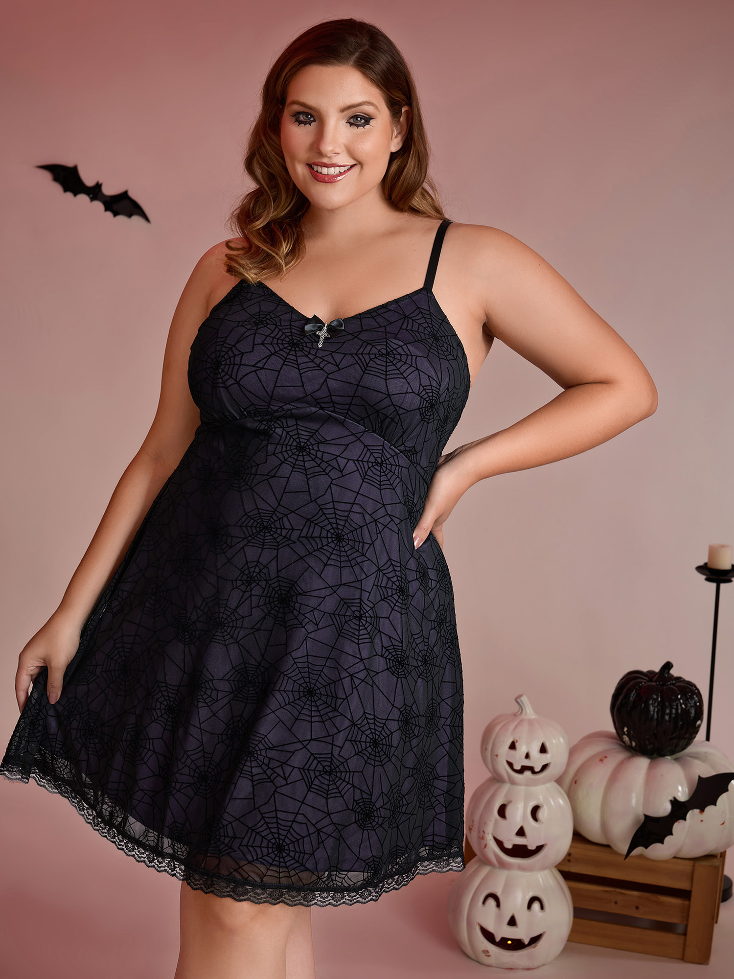 BloomChic Women's Plus Size Elastic Flocked Mesh Spiderweb Print Nightgown Deeppurple Sleeveless Short 30/6X-image-47363088285866