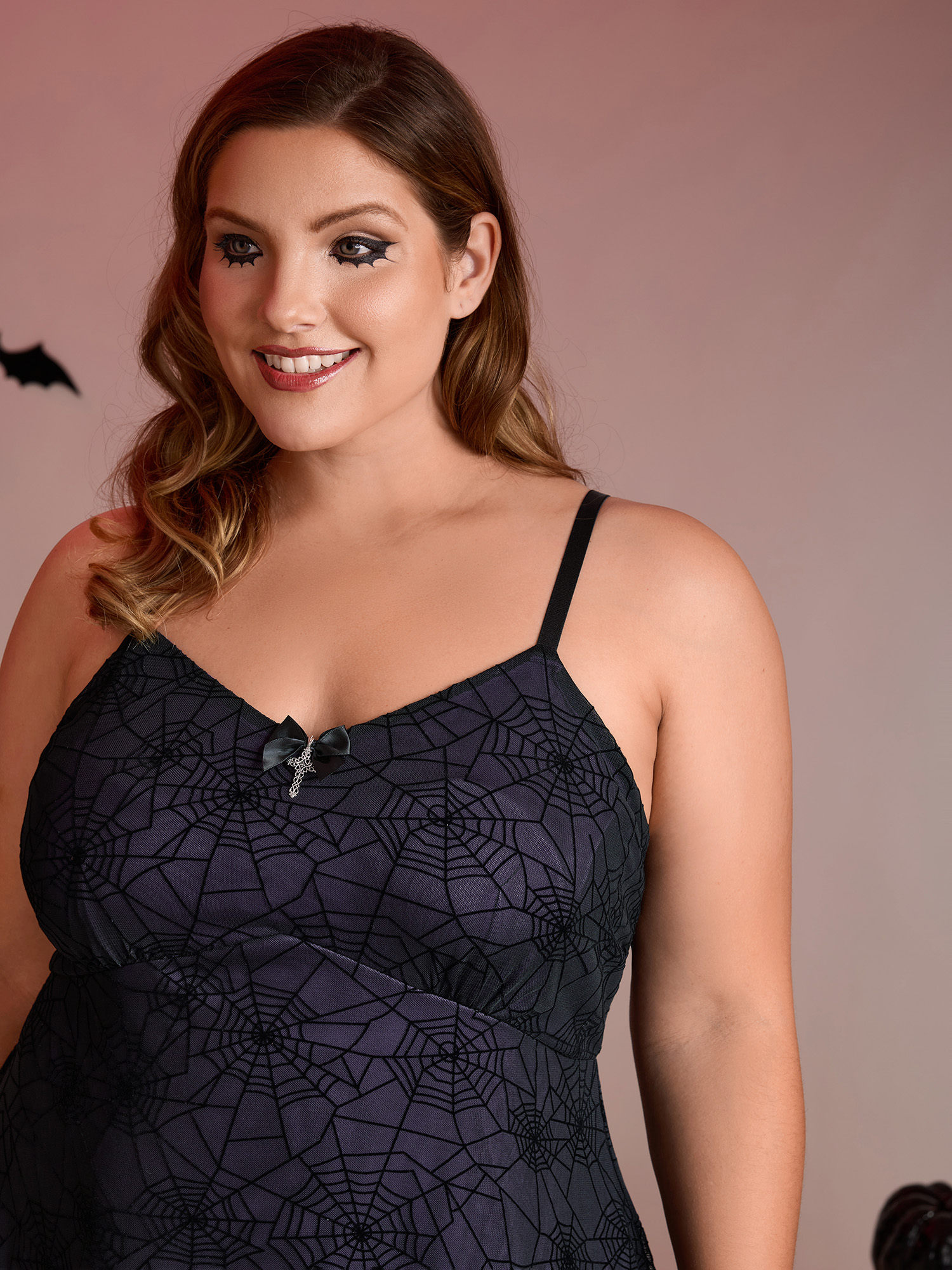 Side view of BloomChic Women's Plus Size Elastic Flocked Mesh Spiderweb Print Nightgown Deeppurple Sleeveless Short 12/L