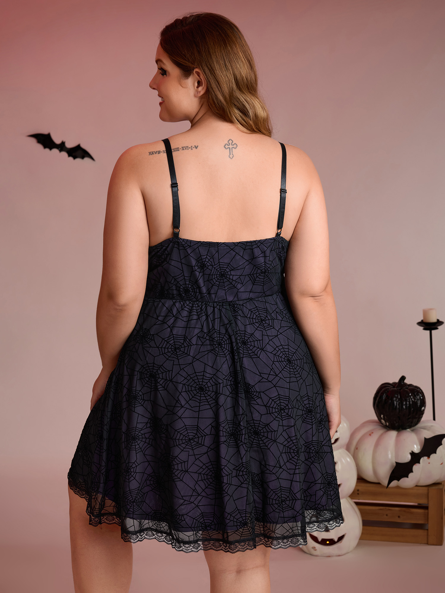 Side view of BloomChic Women's Plus Size Elastic Flocked Mesh Spiderweb Print Nightgown Deeppurple Sleeveless Short 12/L