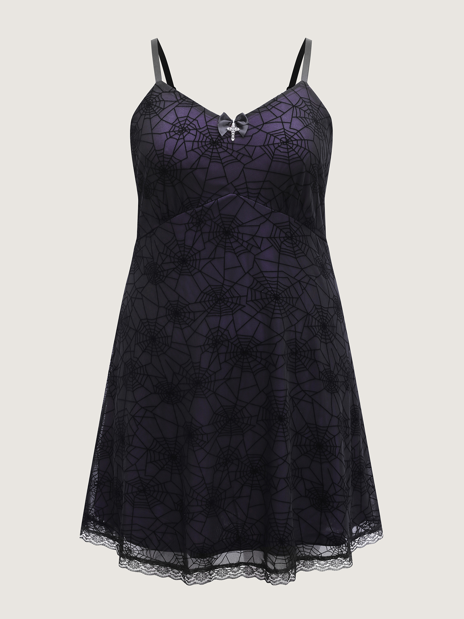 Side view of BloomChic Women's Plus Size Elastic Flocked Mesh Spiderweb Print Nightgown Deeppurple Sleeveless Short 12/L