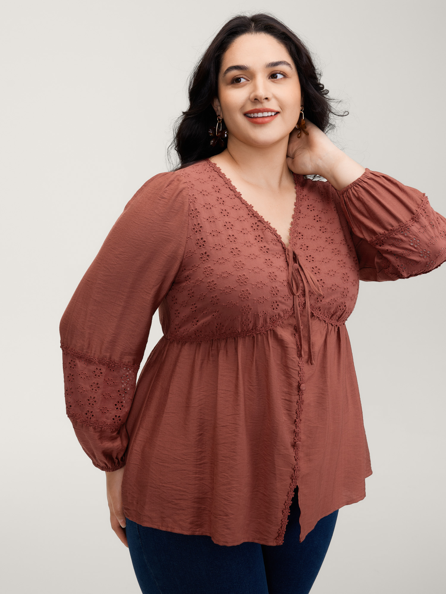BloomChic Women's Plus Size Lace Trim High-Waist Neck Tie Blouse Rust Vacation Long Sleeve 10/M