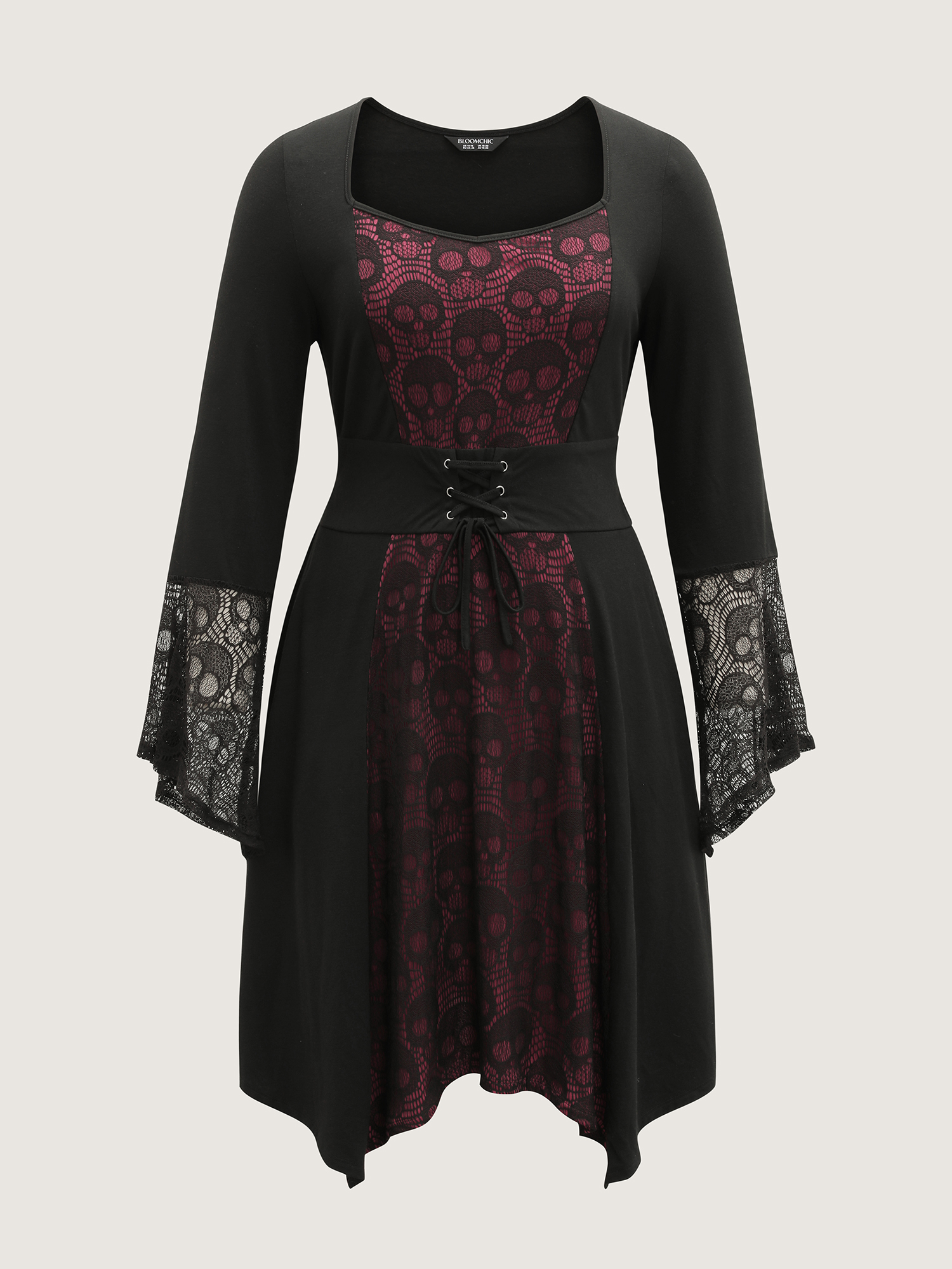 Side view of BloomChic Women's Plus Size Skull Wide-Waist Tie Contrast Midi Dress Black Party 14-16/1X
