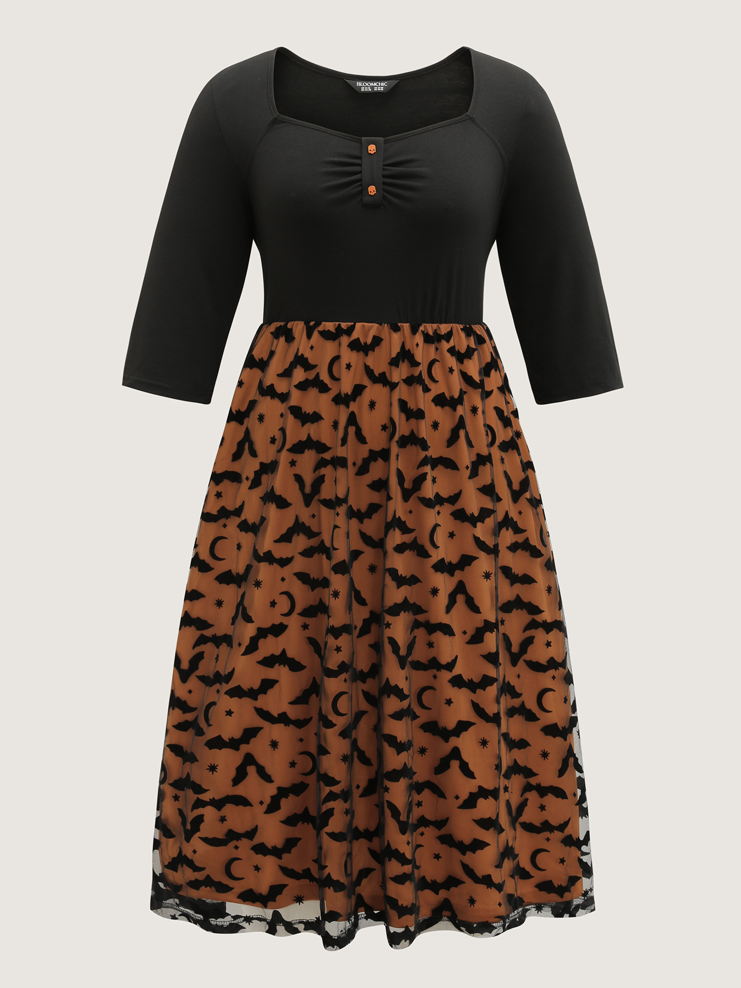 Side view of BloomChic Women's Plus Size Bats Print Halloween Sheer Pockets Maxi Dress Black Party Colorblock 10/M