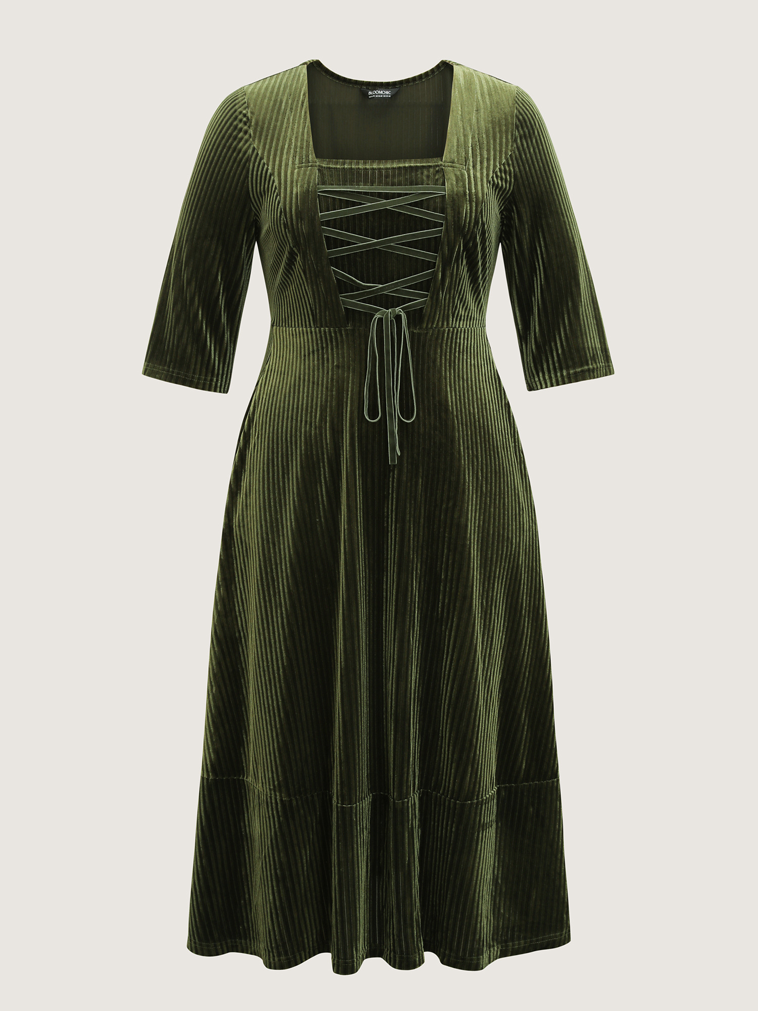 Side view of BloomChic Women's Plus Size Adjustable Cross-Tie Velvet Stretchy Waist Midi Dress Sage Elegant Midi 28/5X